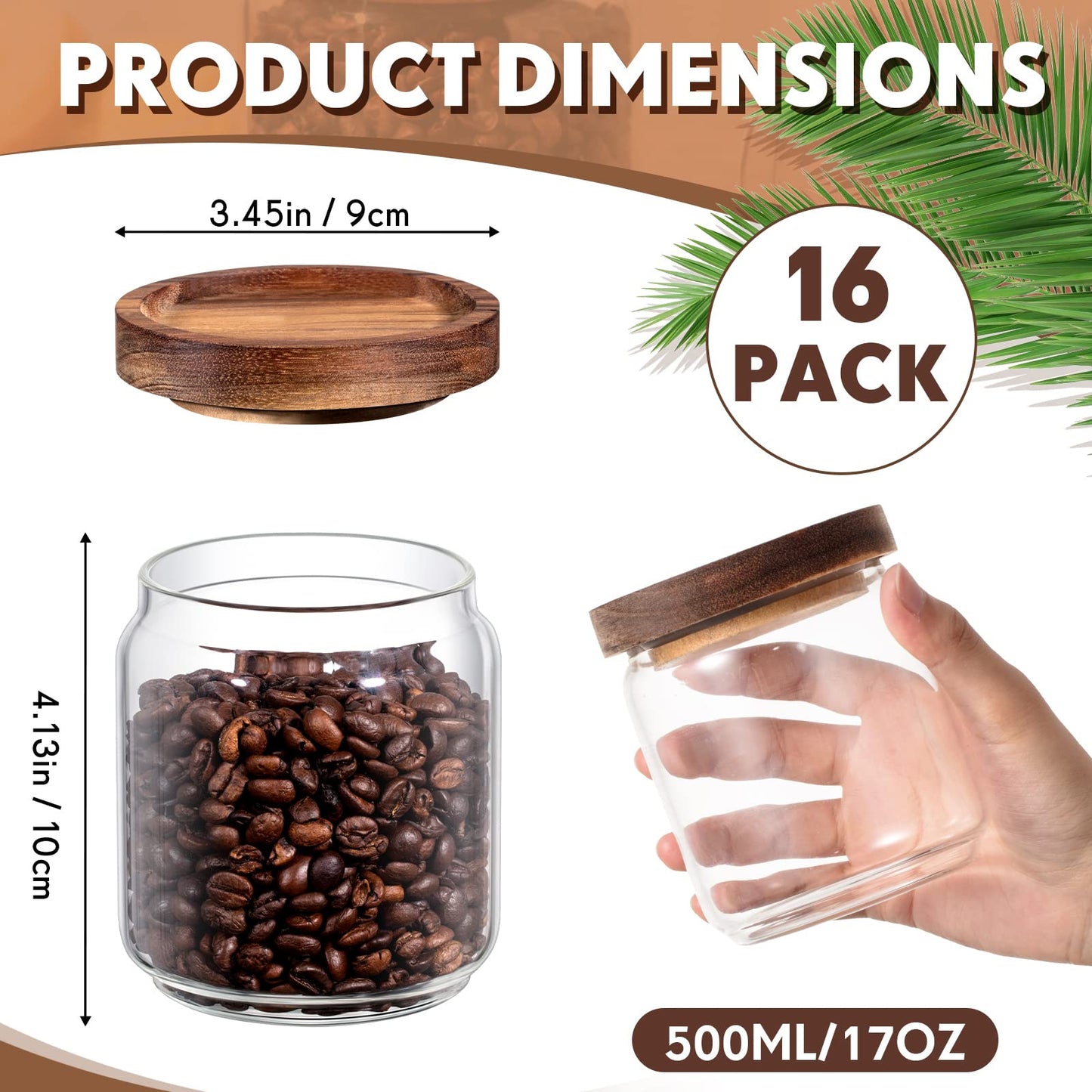 Irenare 16 Pack Glass Containers Canister Set, 17 oz Food Storage Spice Jars with Airtight Lids, Clear Kitchen Containers for Coffee Sugar Tea Beans Nuts Candy Pantry Organization (Wood)