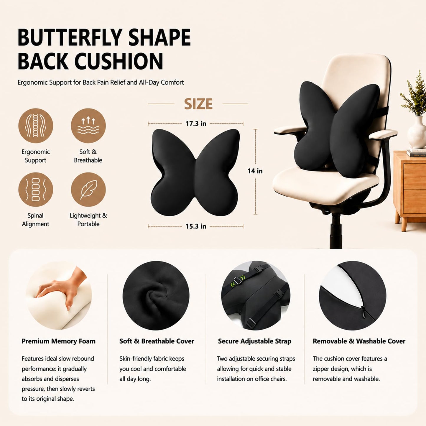 FoKon Memory Foam Lumbar Support Pillow,Back Support for Office Chair,Back Pillow for Chair,Ergonomic Lower Back Cushion for Desk Chair,Computer Chair,Gaming Chair and Car Seat,Washable Cover(Black)