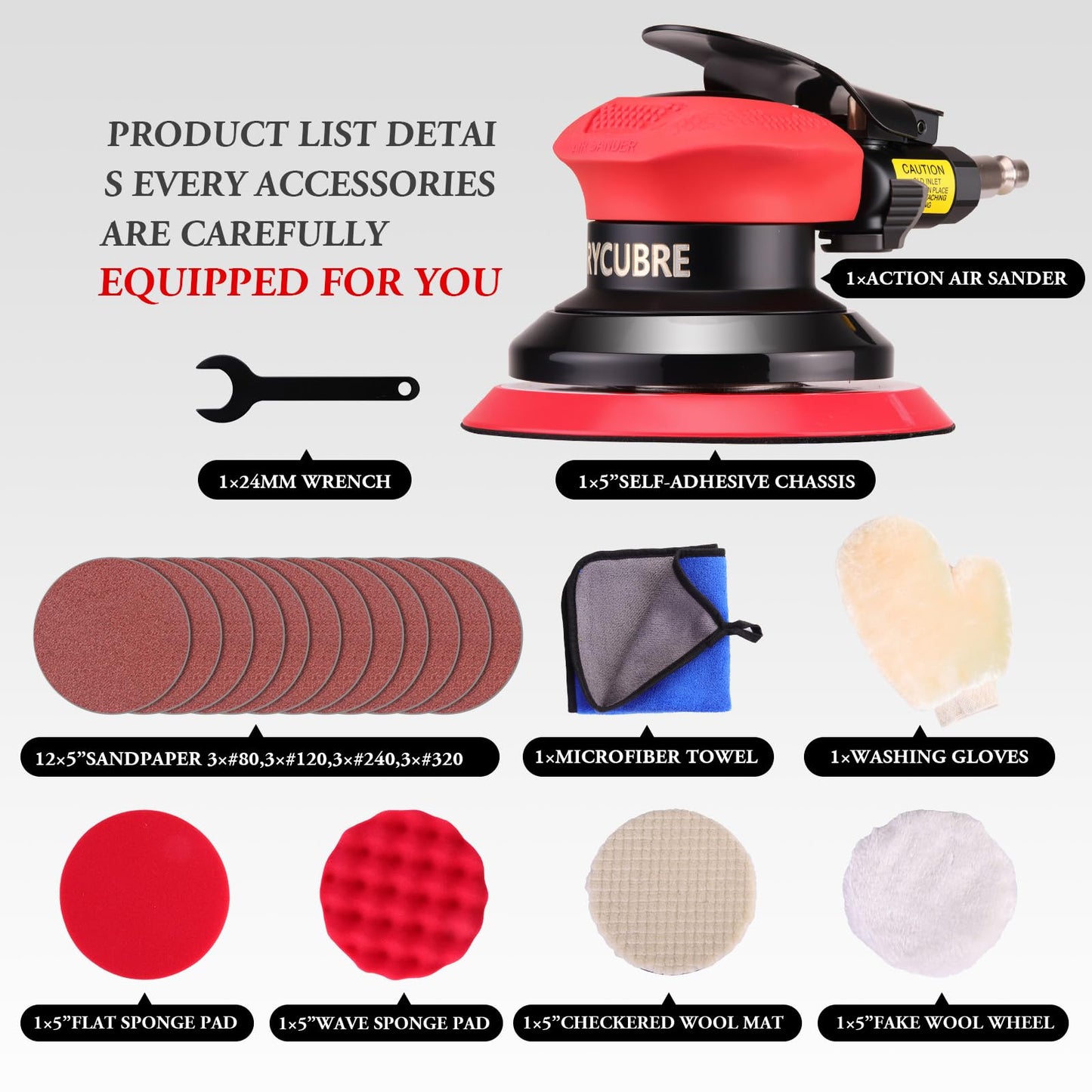 Pneumatic Air Sander – 5-Inch DA Palm Sander, High-Speed Random Orbital Sander for Woodworking & Auto Polishing (including 12 sandpaper + 4 polishing pads + accessories)