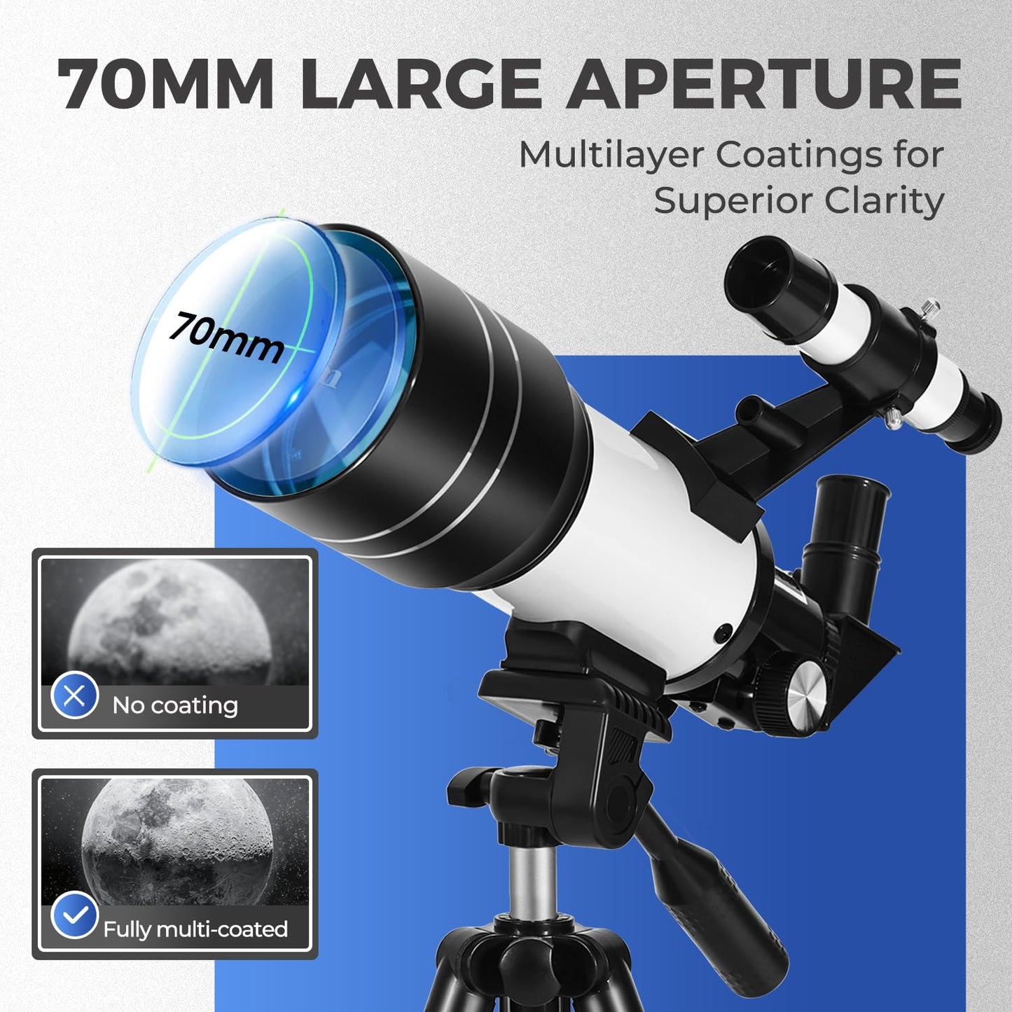 ESAKO Telescope for Kids & Beginners, 70mm Aperture Portable Telescopes with 3 Eyepieces, Height Adjustable Tripod & Phone Adapter & Remote Control Gift for Christmas