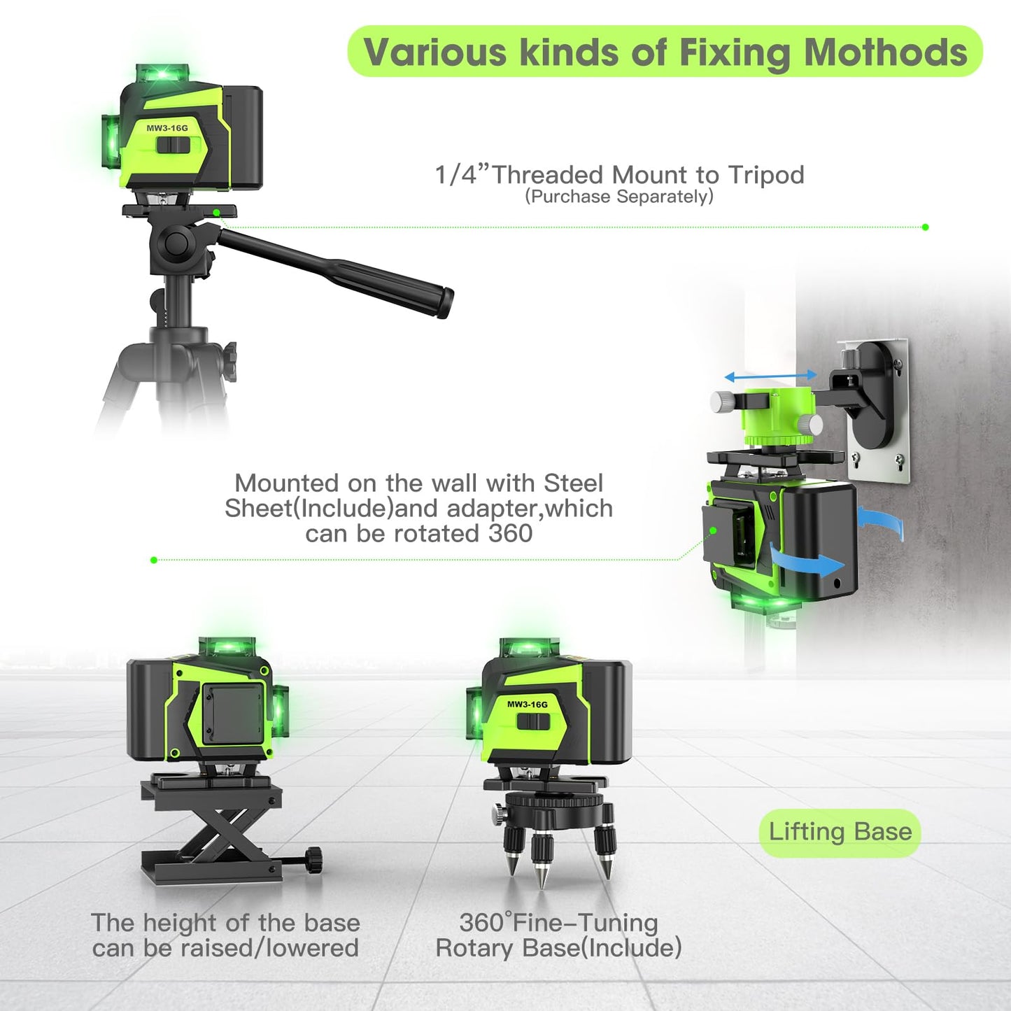 16 Line Laser Level 360 Self Leveling, 4x360°Professional 4D Green Cross Line laser Level with 2 Batteries, Adjustable Brightness & Remote Control, for Tiling Floor Construction and Picture Hanging