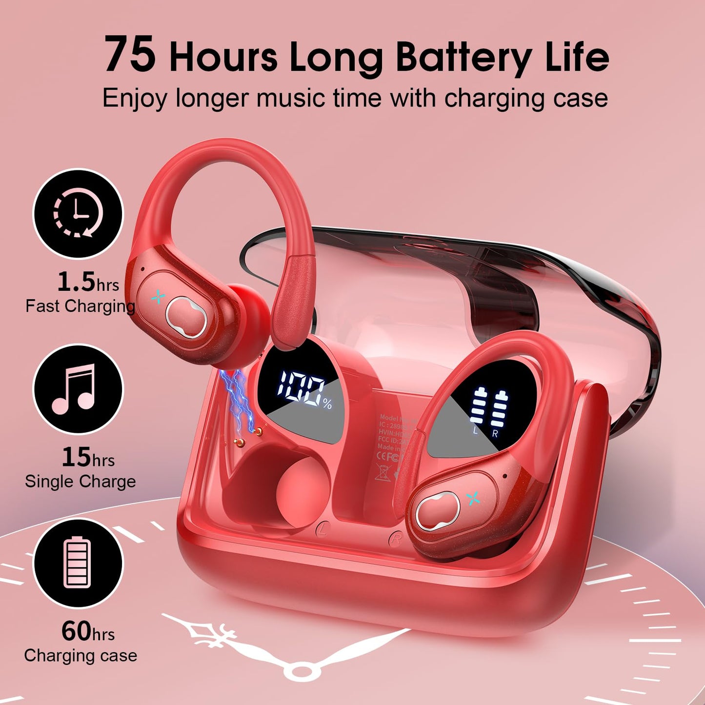 Aptkdoe Wireless Earbuds 75hrs Bluetooth 5.4 Headphone Sport, 2025 Bluetooth Earbuds Stereo Deep Bass Over Ear Bud with Earhooks, ENC Noise Cancelling Mic, IPX7 Waterproof Earphone, Red