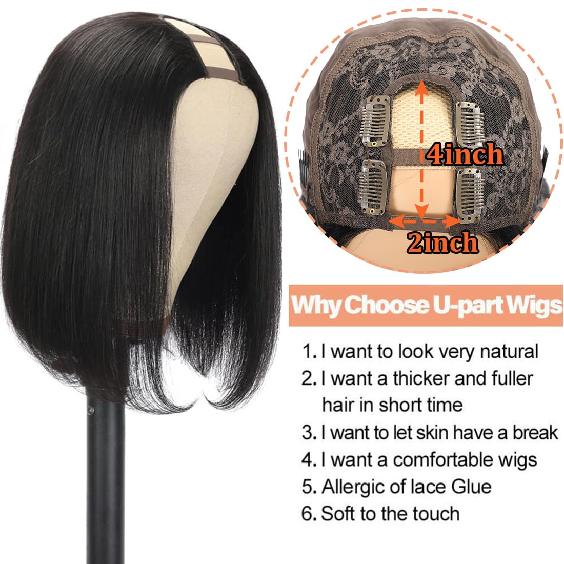 Amella Hair U Part Wig Bob Straight Wig U Part Bob Wig Brazilian Virgin Human Hair Wig for Black Women U Part Human Hair Brazilian U Part Natural Color 14inch