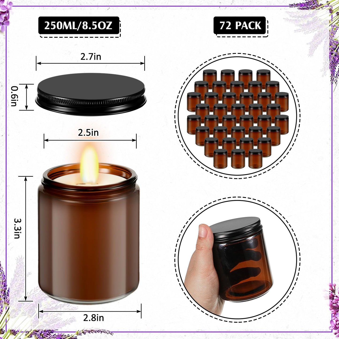Lallisa 32 Pcs 8 oz Amber Glass Jars with Black Metal Lids Round Small Cosmetic Jars Round Glass Containers for Apothecary Body Butter Herbs Spice and Food Storage