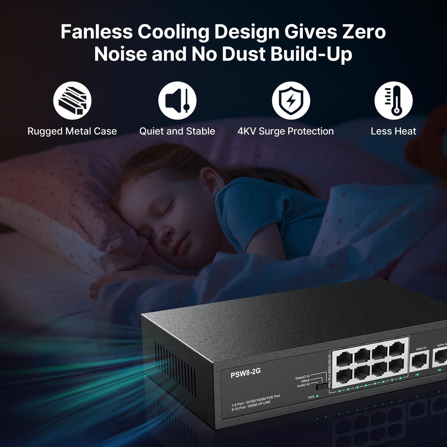 8 Port Full Gigabit PoE+ Switch with Rack Mount Ears, with 2 Gigabit Uplink Ports Up to 30W Per Port, Total Budget 120W, 48 Volt 802.3af/at Compliant, Compatible with PoE IP Cameras VOIP Phones