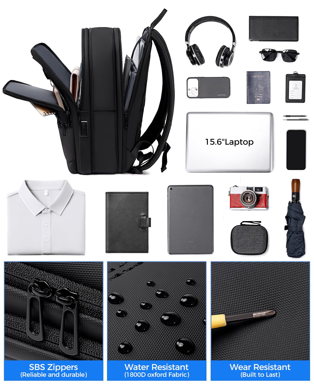 Fenree.geer Work Backpack for Men, Expandable Backpack with USB C Charging Port, Water Resistant 15.6 Inch Laptop Backpack, Black