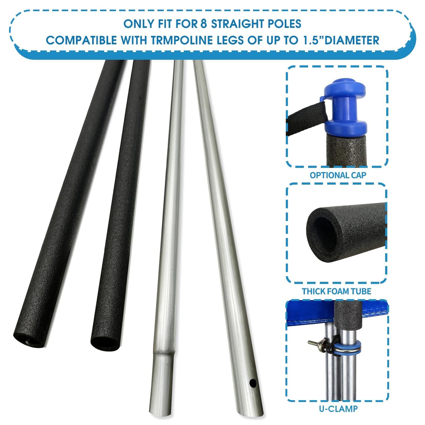 8 Universal Trampoline Enclosure Net Poles, Trampoline Poles Replacement and Hardware Fits 8 Straight Poles Round Frame