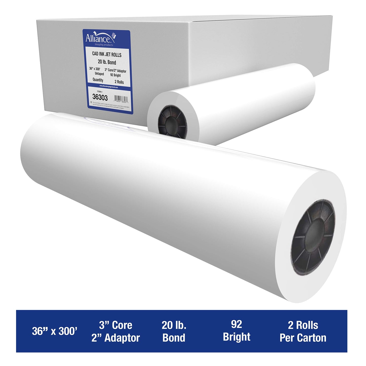 Alliance Wide Format Paper CAD Bond Rolls (20lb | 2 Rolls, 36 In x 300 Ft | 3" Core)