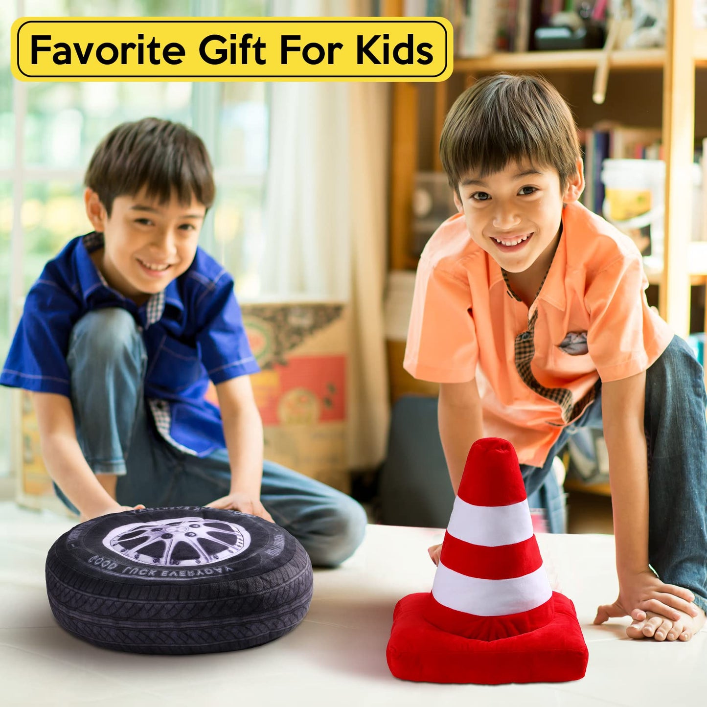 Woanger 2 Pcs Race Car Room Decor Racing Plush Throw Pillow Set Gift 15.7 Inch Soft 3D Simulation Wheel Pillow Funny Tire Cone Traffic Light and Stop for Valentines Bedroom Decorations(Traffic Cone)