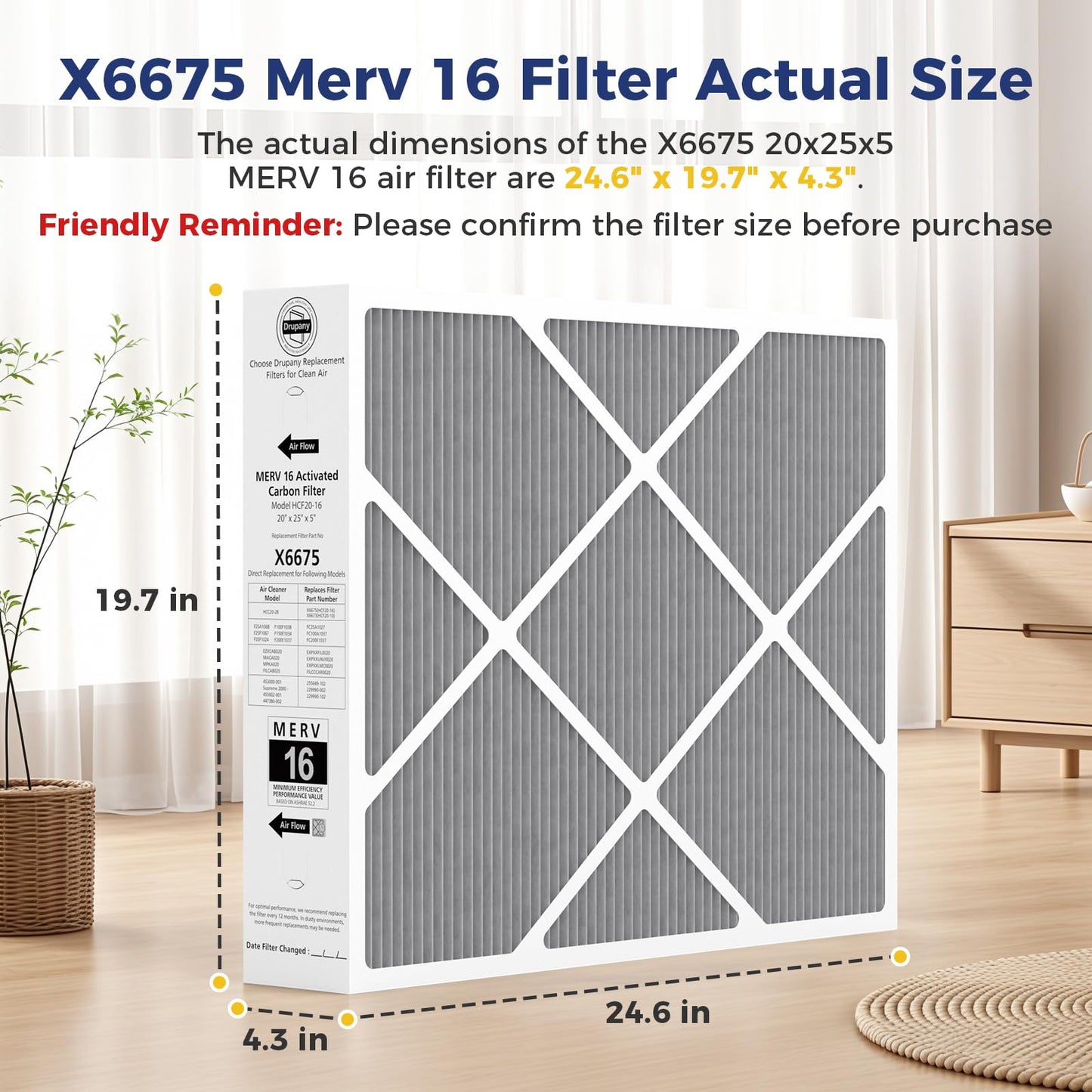 2 Pack 6675 20x25x5 MERV 16 Air Filter Compatible with Lennox X6675 and Lennox HCC20-28 Healthy Climate Carbon Clean MERV 16 Furnace Filter for HVAC System, Part Number HCF20-16, HCF20-10