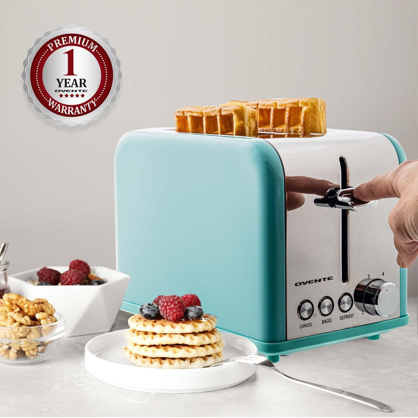 OVENTE 2-Slice Electric Toaster, 825W with 6 Browning Settings, Bagel, Defrost, Cancel Functions, Extra-Wide Slots, Stainless Steel Retro Countertop Toaster, Turquoise TS2450T