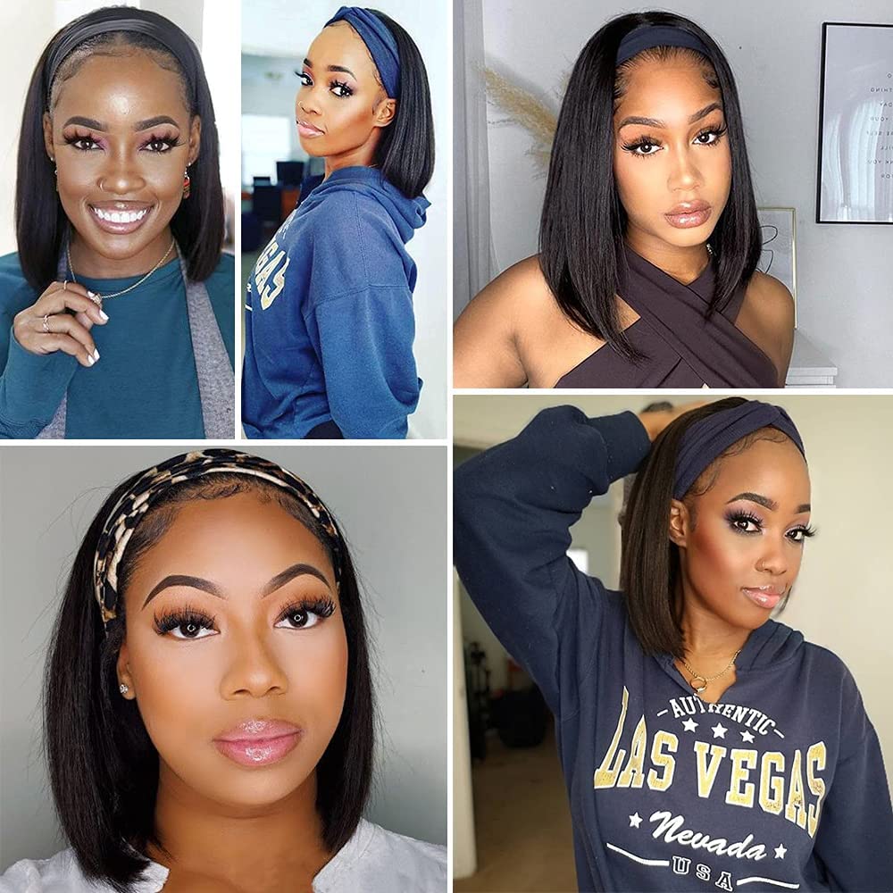 AISI Headband Wigs Human Hair Bob Headband Wigs for Black Women Easy Put On and Go Glueless Wigs Short Straight Wigs Machine Made 150% Density No Lace Headband Wig Natural Color(10 Inch)