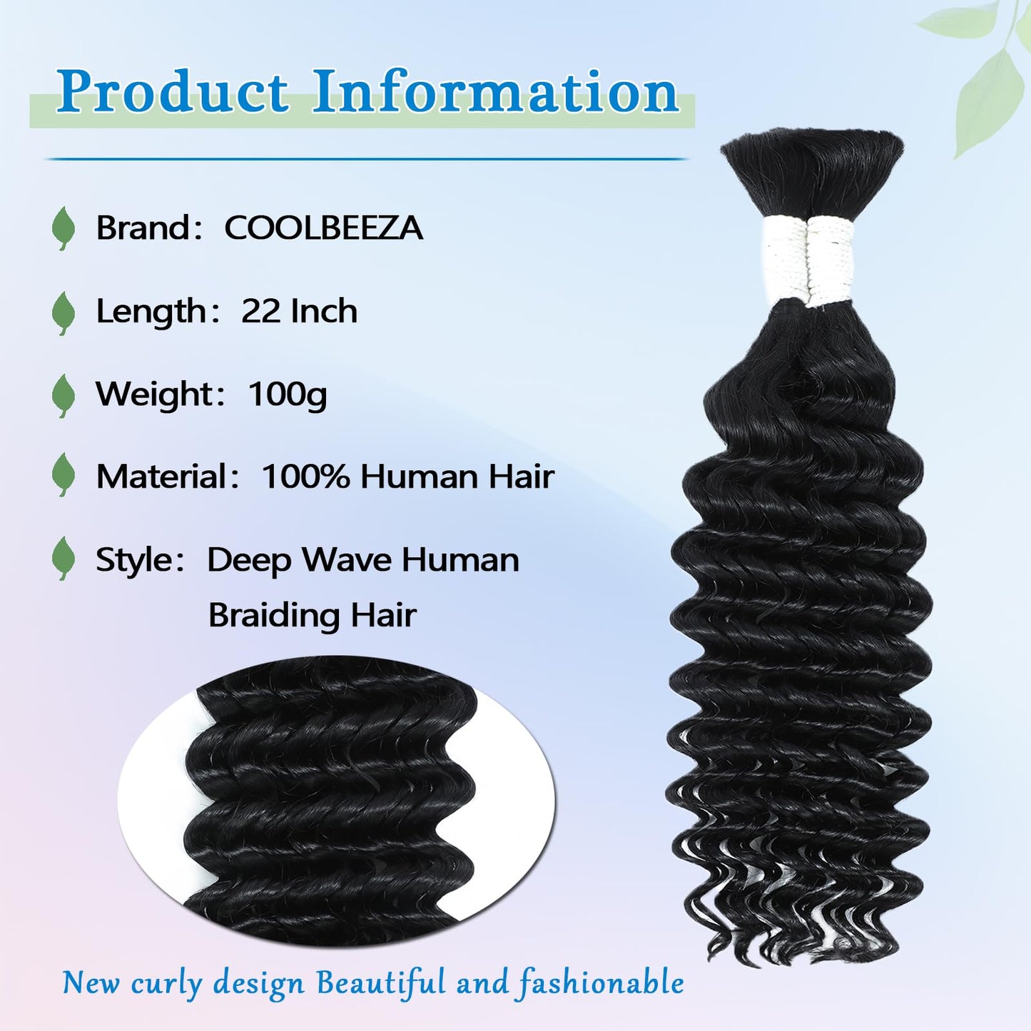 Coolbeeza Human Braiding Hair 22 Inch Deep Water Wave Bulk Human Hair for Braiding 12A Brazilian Virgin Curly Hair for Boho Braids Wet and Wavy No Weft 2 Bundles 100g Hair Extensions