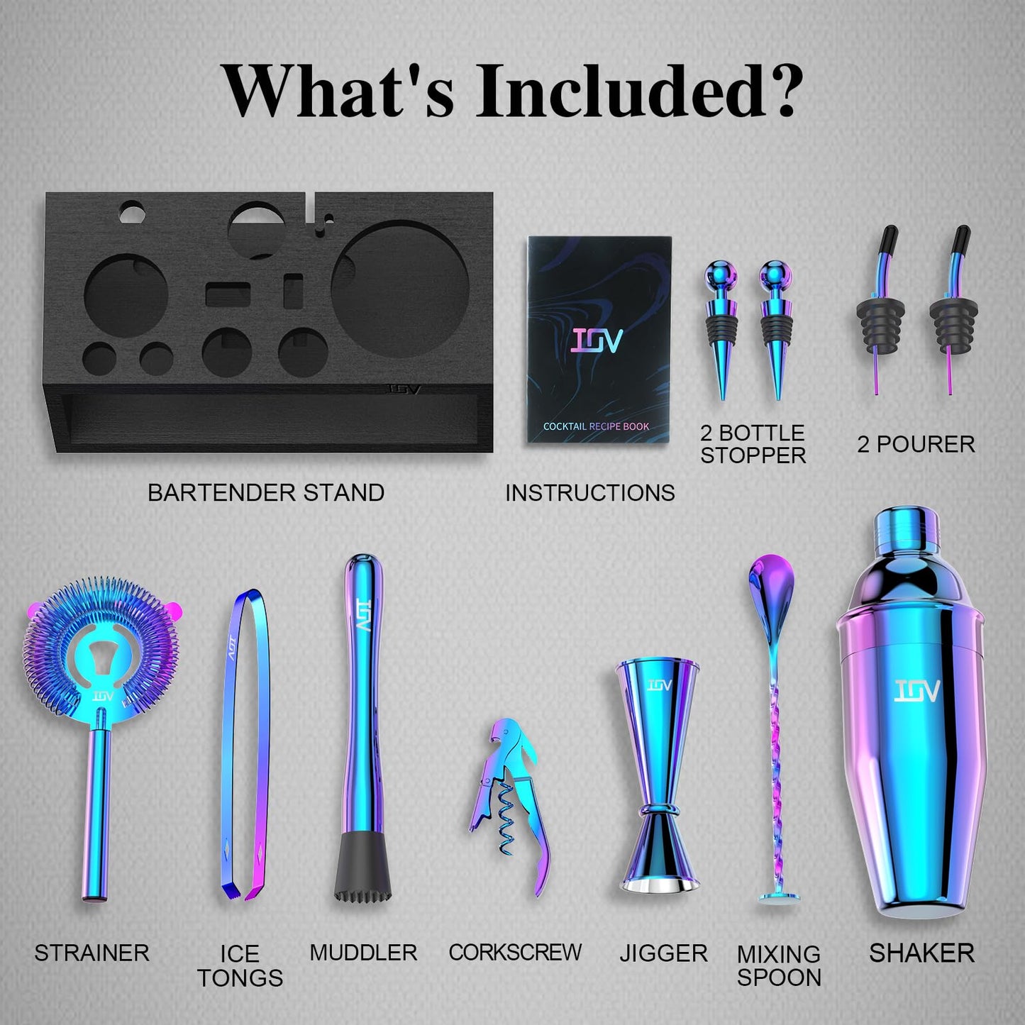IOV Mixology Bartender Kit with Stand | 12-Piece Cocktail Shaker Set | 24oz Martini Shaker Set for Drink Mixing | Bar Set Includes All Bar Tools and Recipe Booklet | Fun Housewarming Gift (Rainbow)
