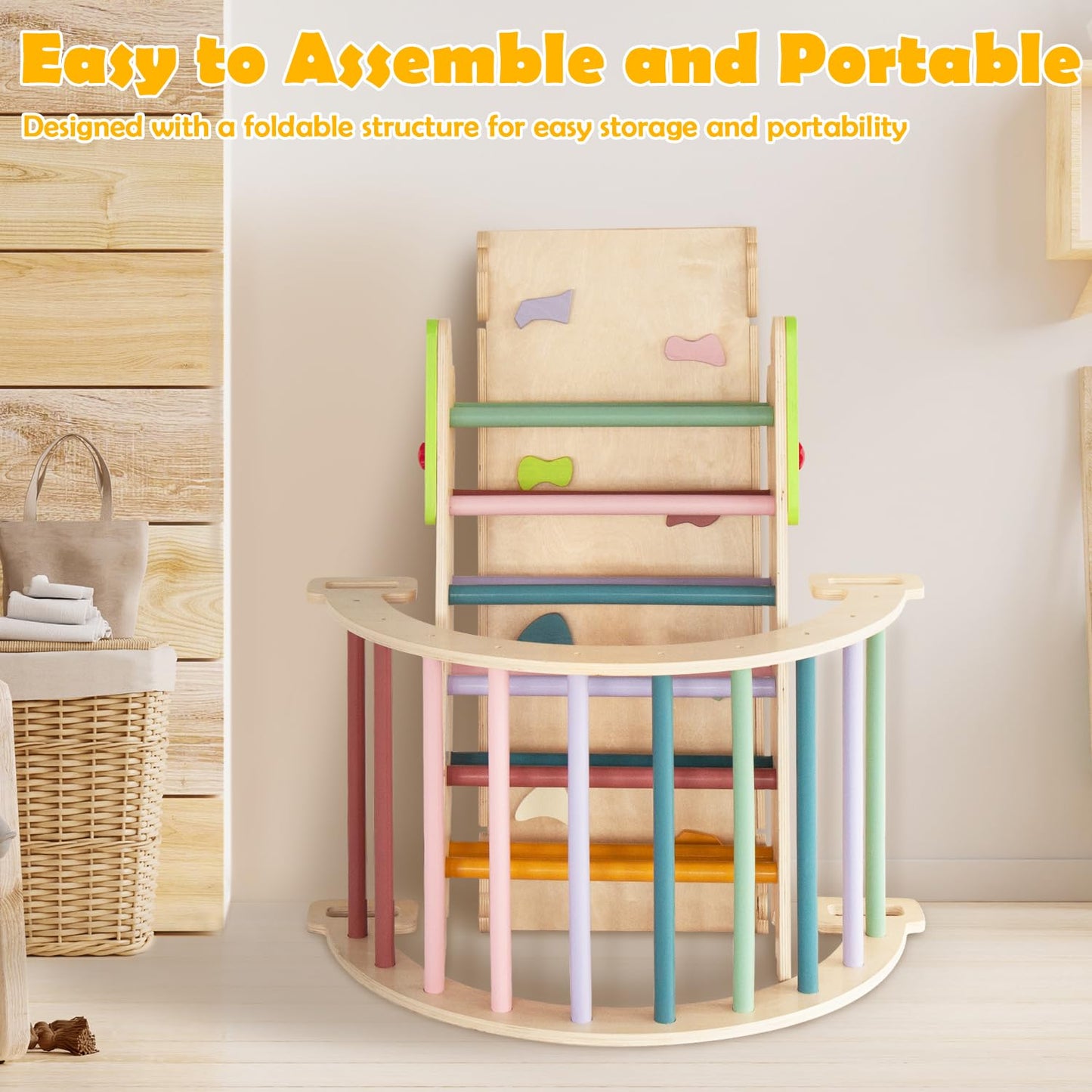 7 in 1 Wooden Pikler Triangle Set, Foldable Indoor Toddler Climbing Toys, Montessori Climbing Set for Children with Arch, Ramp, Ladder, Jungle Gyms for Kids, Baby Sensory Toys