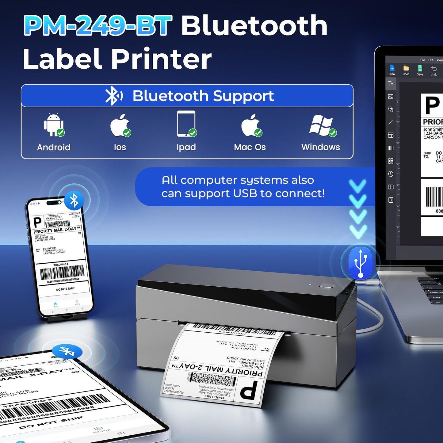 Omezizy Bluetooth Shipping Label Printer 4x6, 249BT Thermal Label Printer 4x6 for Small Business, Shipping Packages, Office, Home, Compatible with Android iPhone iPad Windows macOS Chrome USPS Etsy