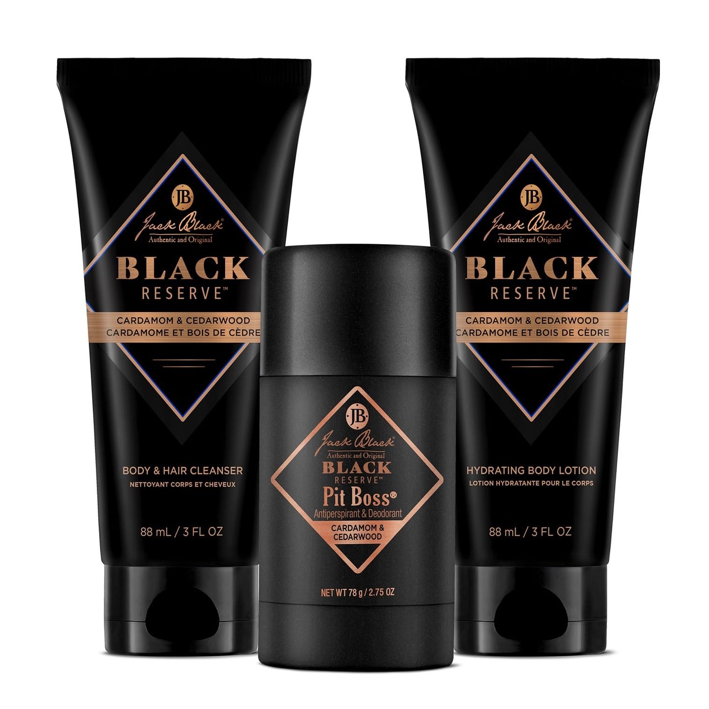 Jack Black Black Reserve Body Collection Set for Men – Cardamom & Cedarwood – Dual-Purpose Mens Body Wash, Pit Boss Mens Deodorant, Mens Body Lotion, Mens Grooming Kit