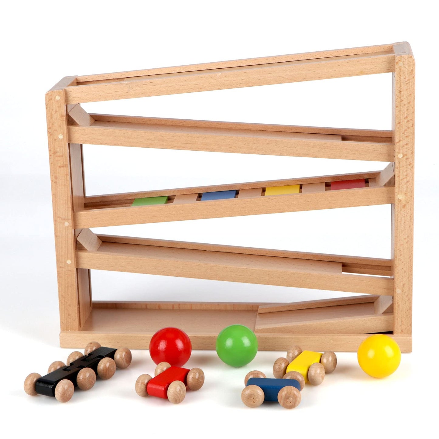 Qilay Wooden Race Track Car Ramp Racer Toy for Toddlers, 5 Level Race Car Ramp Toy Set Includes 4 Wood Cars and 3 Balls,Great Building Learning Toys or 3+ Years Old Boy and Girl