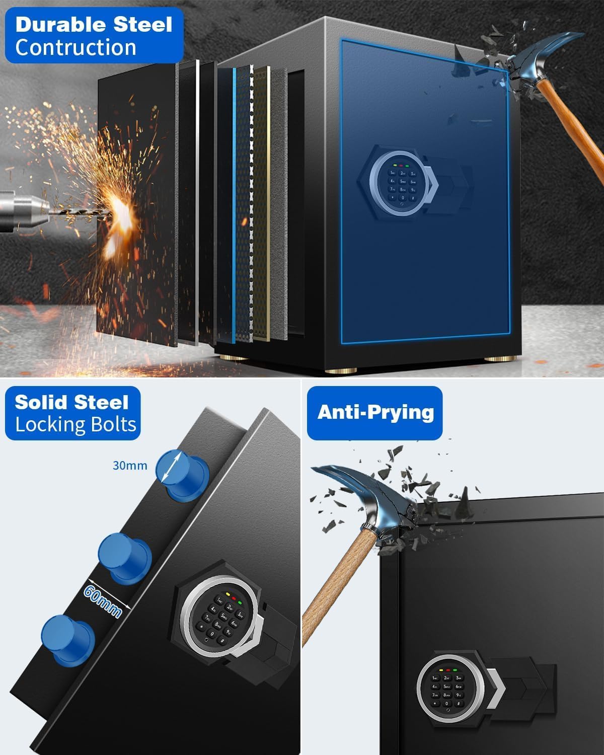 2.6 Cub Home Safe Box Fireproof Waterproof, Safety Box with Digital Keypad Sensor Light Keys for Hotel Office Money Documents