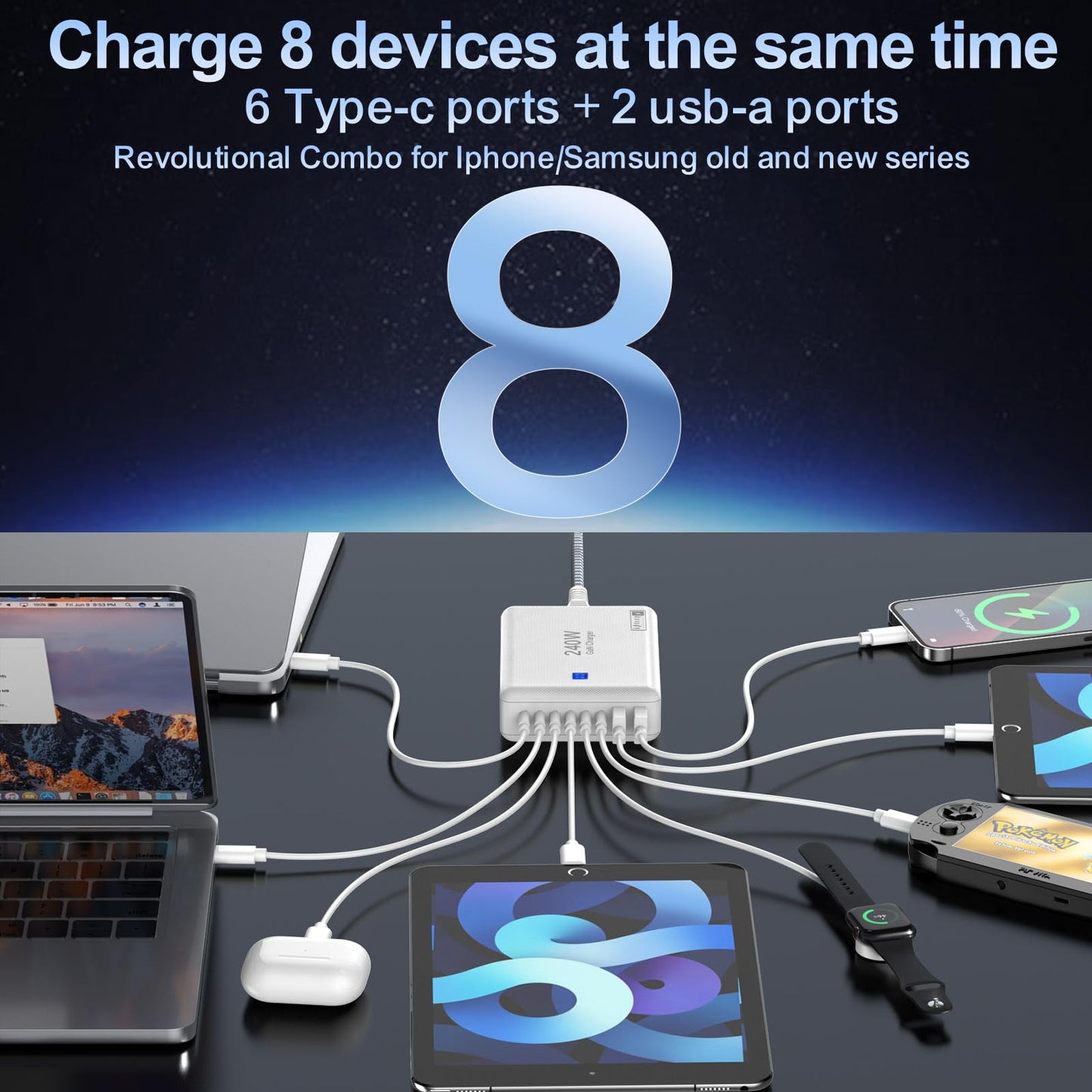 240W Fast Charging Blocks, 8-Port Charging Station for iPhone/Ipad/MacBook, 6C2A PD GaN Charger Box, USB Tower Hub 5ft Braided Power Cord with On/Off Switch, Flat Plug, Travel Essentials