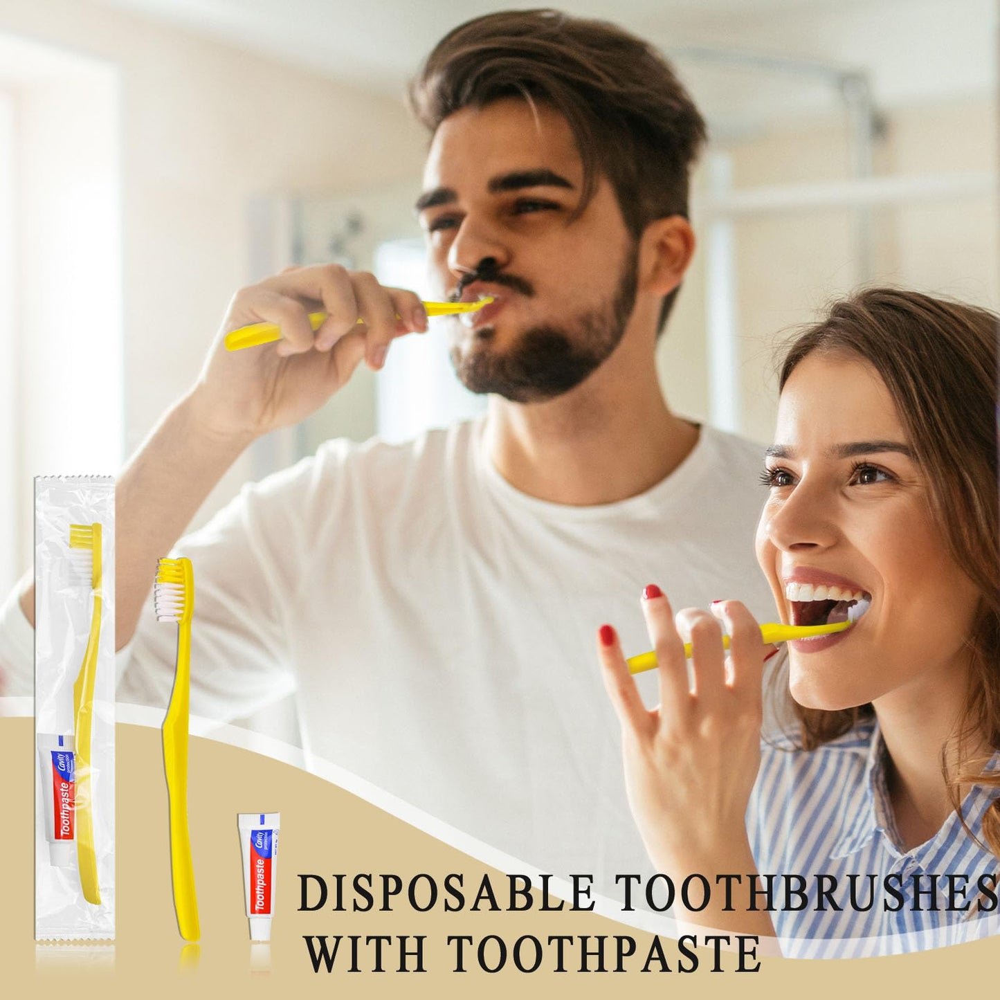Xuezoioy Disposable Toothbrushes with Toothpaste,300 Pack Yellow Hollow Individually Wrapped Disposable Travel Toothbrushes Kit in Bulk for Homeless,Nursing Home,Hotel,Charity