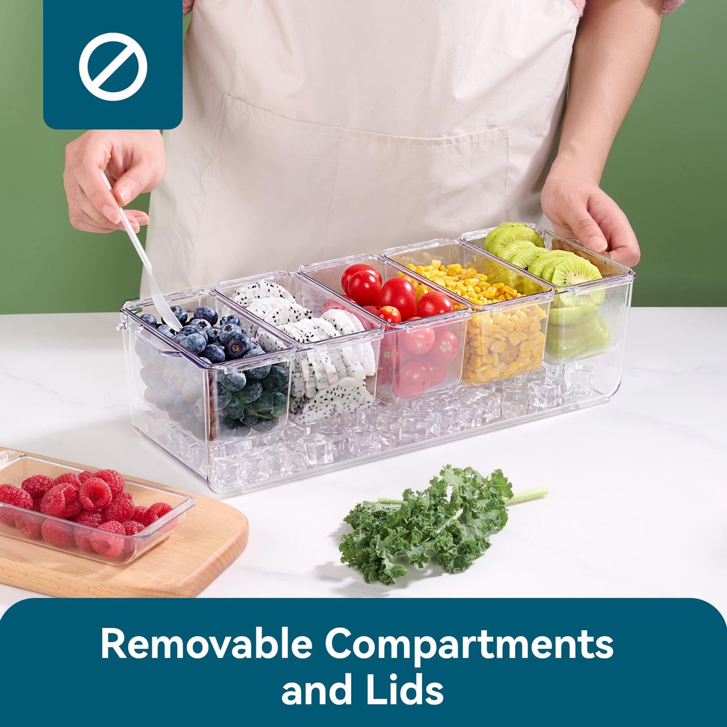 2 Pack Chilled Condiment Tray Server with 5 Containers and Removable Compartments, Large Ice Condiment Organizer, Clear Garnish Serving Platter for Kitchen, Fruit, Salad, Food, Bar Accessories