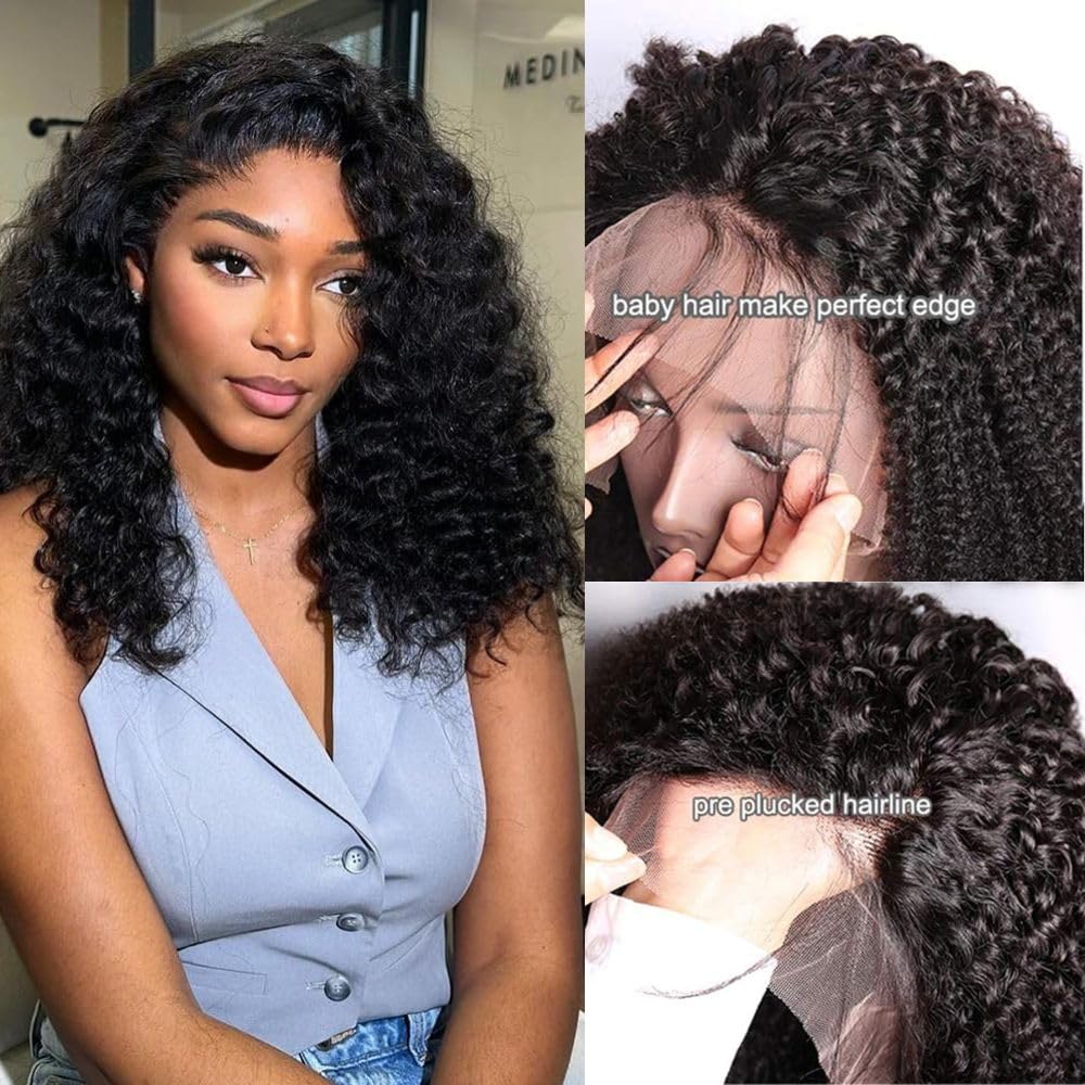 Curly Lace Front Wigs Human Hair 13x6 Kinky Curly HD Transparent Lace Frontal Wig for Women Short Curly Human Hair Wigs Pre Plucked With Baby Hair 220% Density Glueless Hair Curly Wigs (16 Inch)