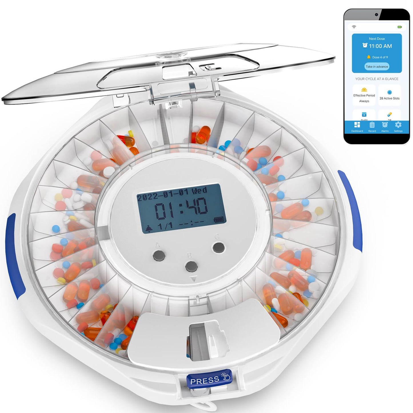 Adamson TimelyMed Smart Pill Dispenser with Alarm - WiFi App Monitoring - 28-Day Medicine Dispenser for Elderly & Alzheimer's Care - Automatic with Lock Key - New Version