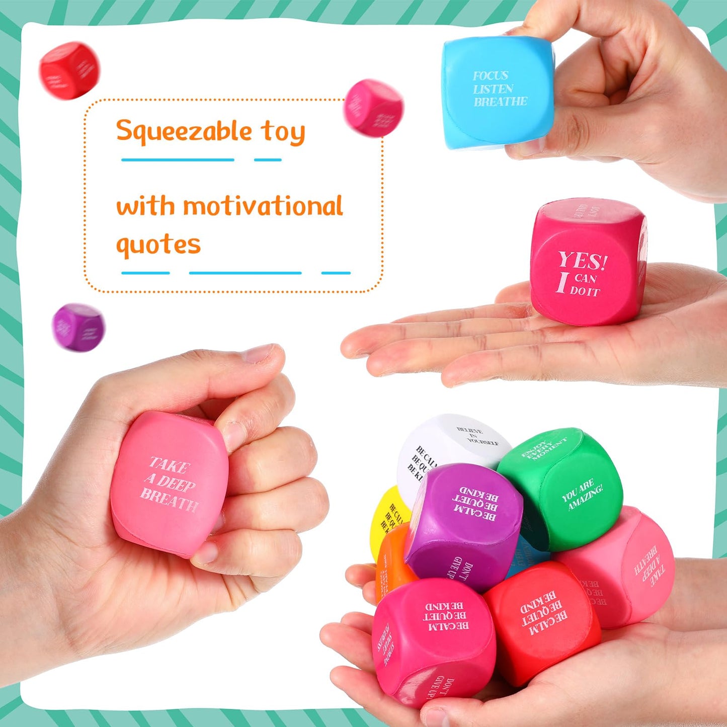 Jerify 100 Pcs Motivational Foam Cubes Stress Ball with Quotes, Square Dice Shaped Foam Stress Relief Toys for Fidget Kids Adults Classroom School Supplies Learning (Cute Colors)
