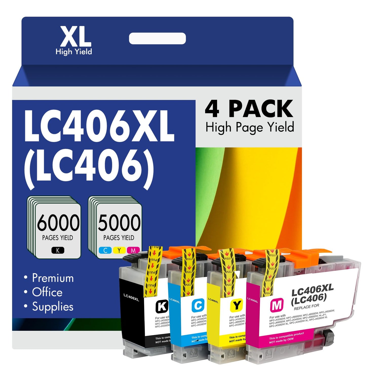 LC406 LC406XL Ink Cartridges for Brother Printer 406XL LC 406 XL for MFC-J4335DW MFC-J5855DW MFC-J6555DW MFC-J4535DW MFC-J6955DW MFC-J4345DW MFC-J5955DW - 4 Pack High Yields Black Cyan Magenta Yellow