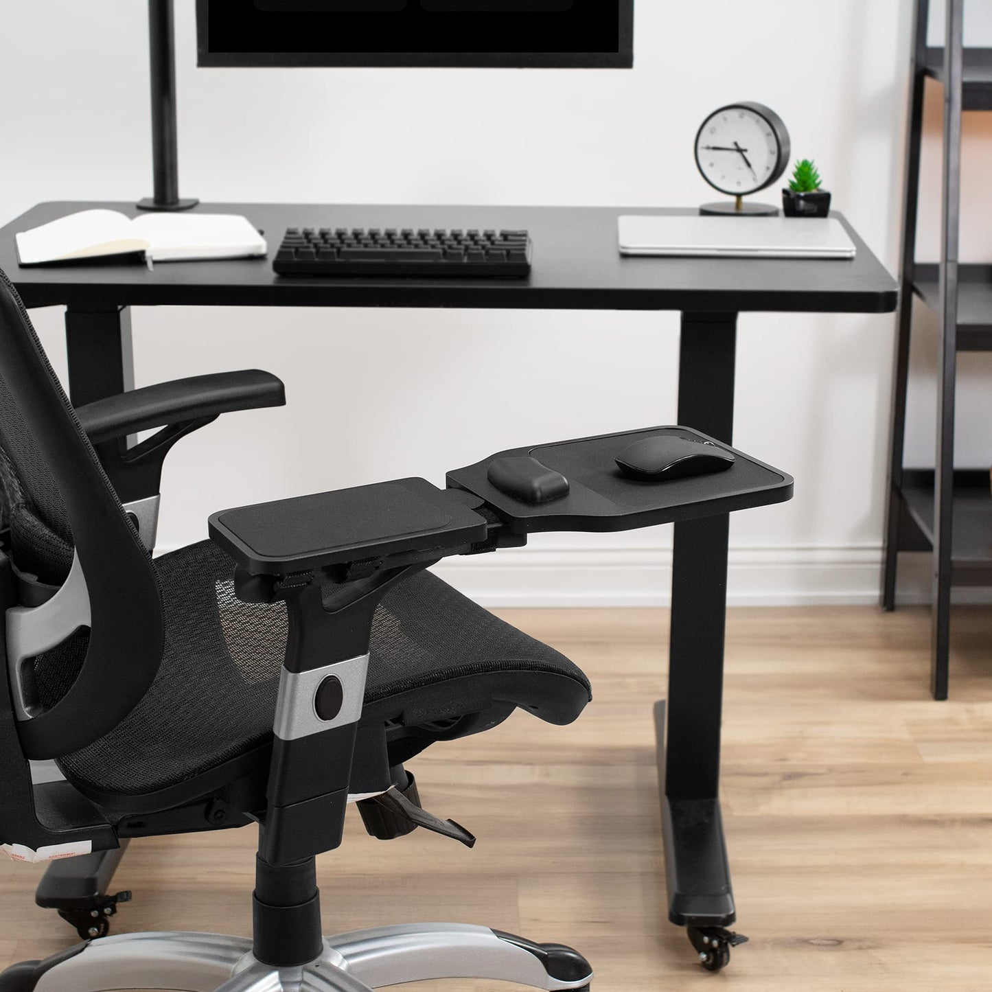 VIVO Wood Adjustable Length Arm Rest Mouse Pad with Wrist Cushion, Extension Platform Tray, Attaches to Chair with Straps, Black, MOUNT-MS02D