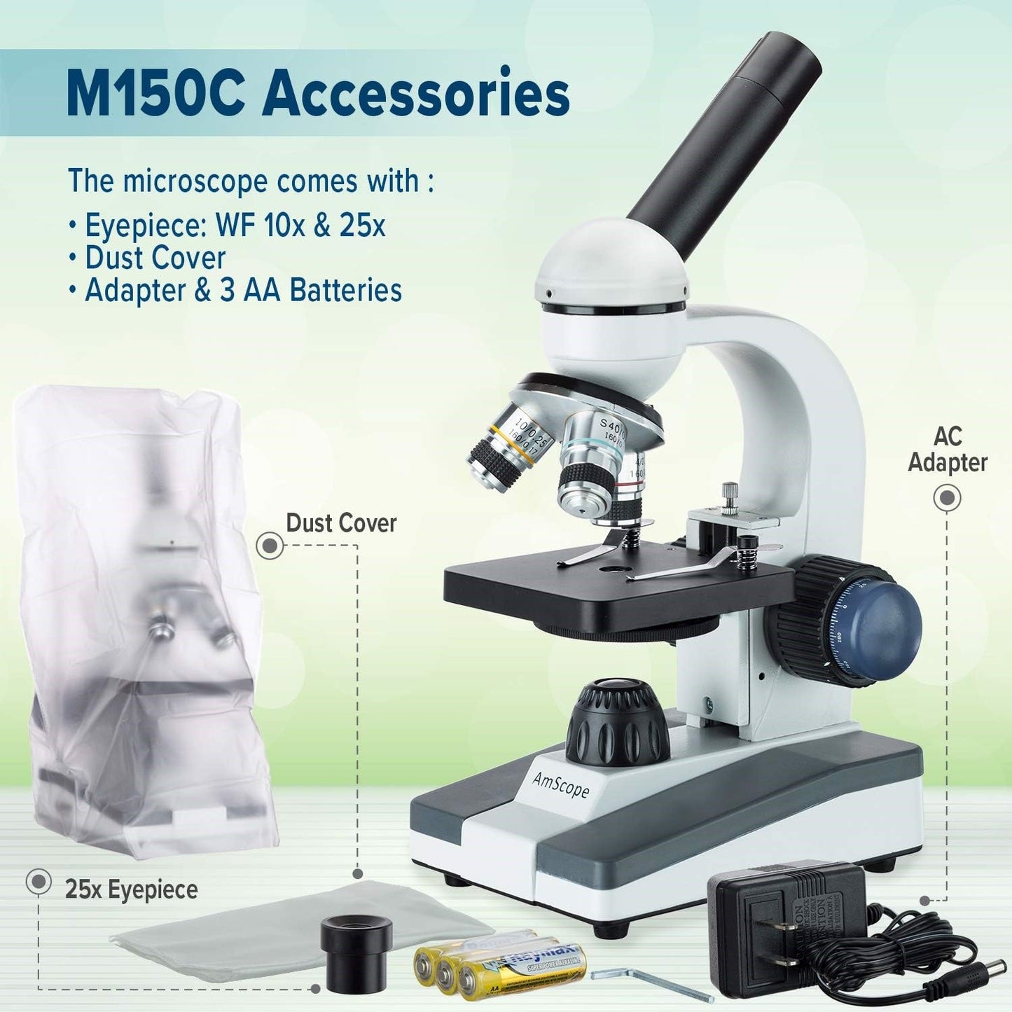 AmScope M150 Series Portable LED Monocular Student Compound Microscope - 40X-1000X Magnification - Microscope Kit Includes Dust Cover, 2 Clips & 2 Eyepieces