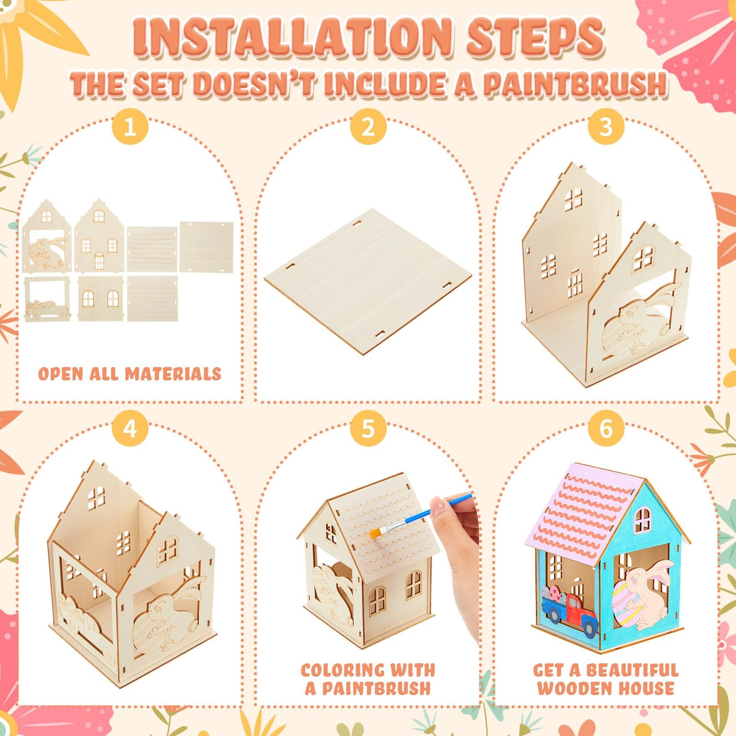 Jenaai 24 Sets Wooden Spring Houses Craft Kit DIY Bulk Easter Village Sets 3D Wood Bunny House Crafts to Paint Art for Spring Easter Gift Party Supplies Table Decorations