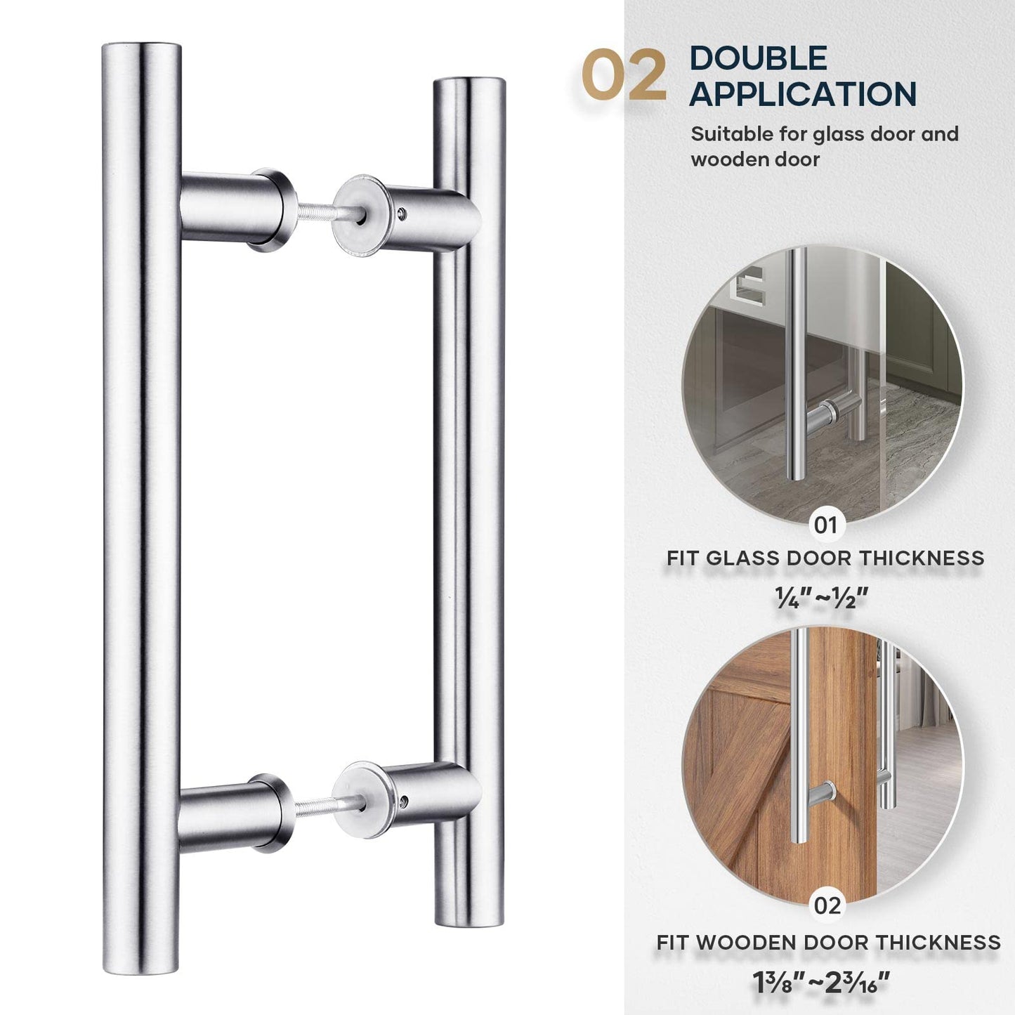 EaseLife 12" Stainless Steel Double Sided Push Pull Door Handle, H Shape Sliding Door Handle, Brushed, Fit for Glass Door Wooden Door, 2 Pack