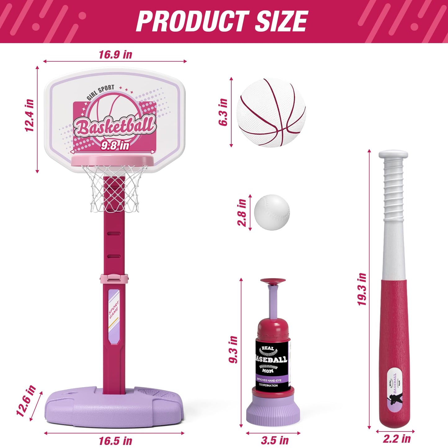 HYES 2 in 1 Kids Basketball Hoop and T Ball Set,White