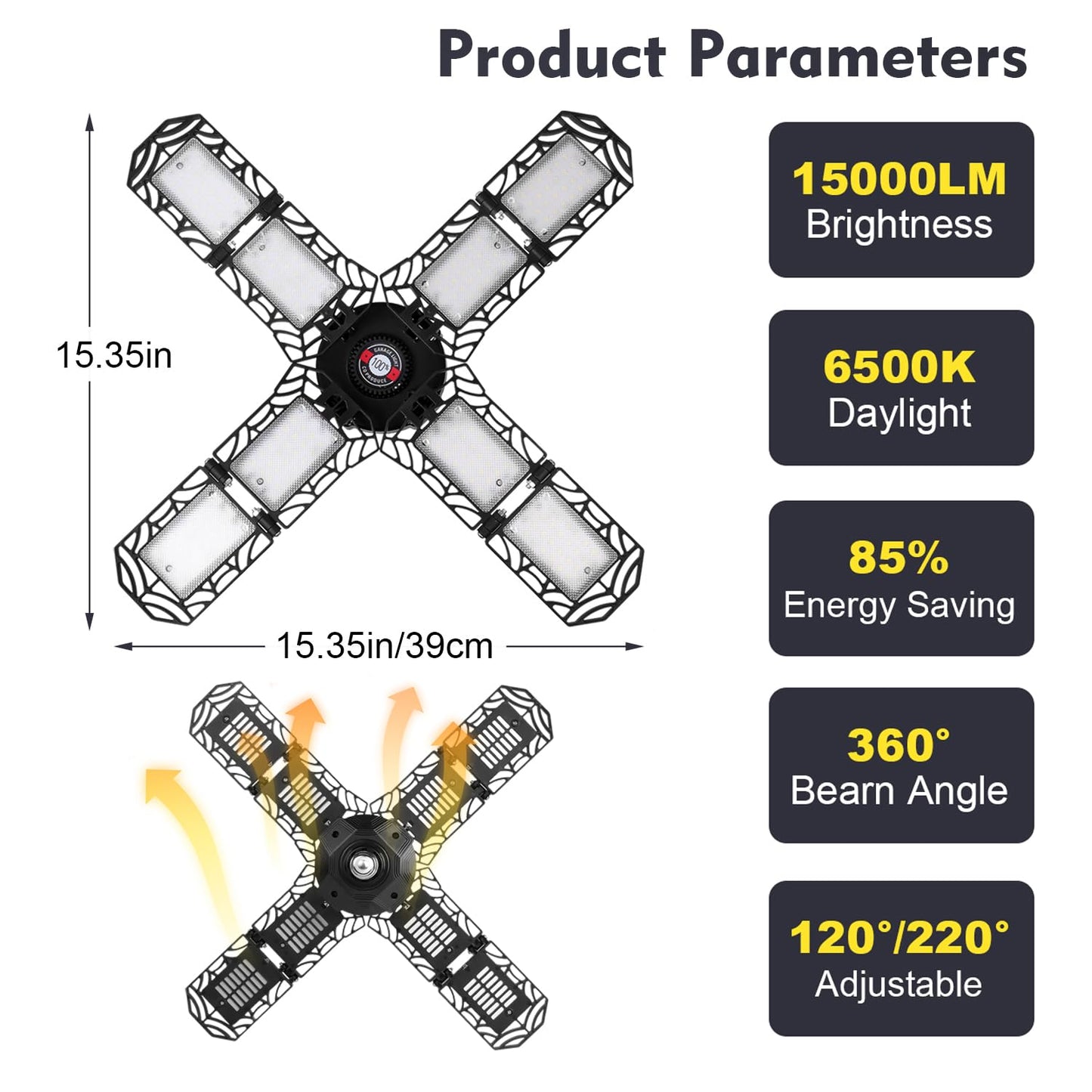 2 Pack LED Garage Light,Super Bright Screw in E26/E27 Ceiling Shop Work Lamp, 200W 20000 Lumen Deformable Basement Bulb Fixture with 8 Adjustable Panels