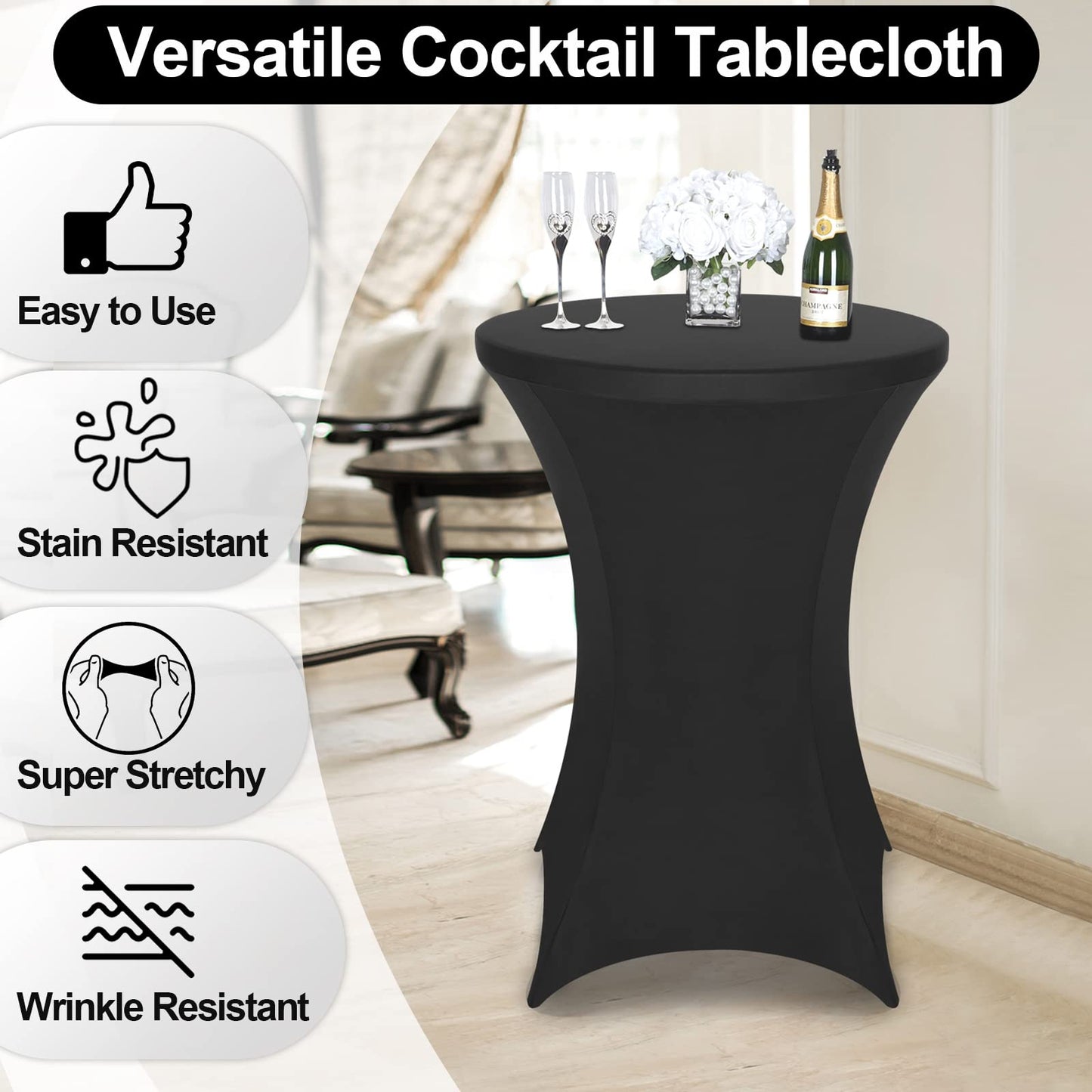 FestiCorp 6 Pack Spandex Black Table Cover, Cocktail Fitted Tablecloths, Round Highboy Stretch Table Covers Cloths for Party, DJ, Bar, Wedding, Birthday, Banquet, 30"-32" Diameter x 40"-43" Height