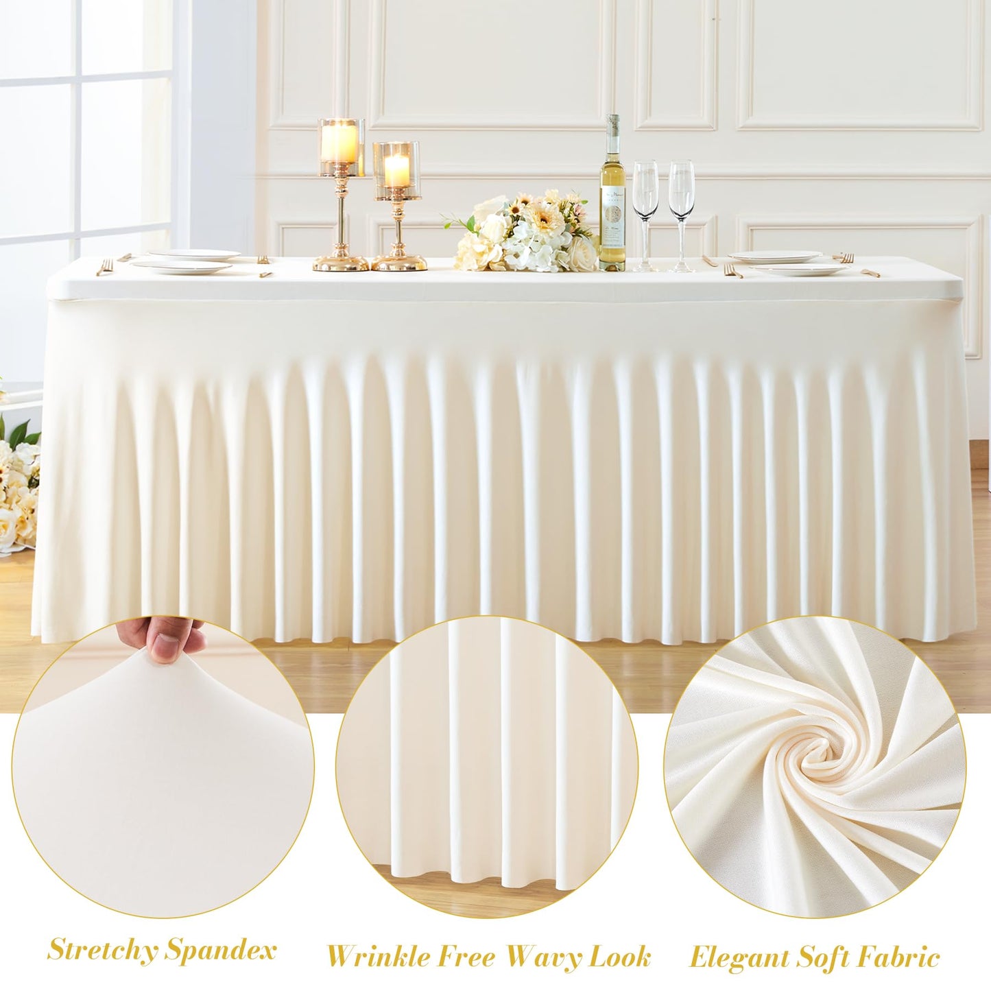 2 Pack Spandex Ivory Fitted Table Cloth for 6ft Rectangle Tables Ivory Stretch Tablecloth Table Covers Banquet Table Clothes Wrinkle Free Table Skirt for Parties Wedding