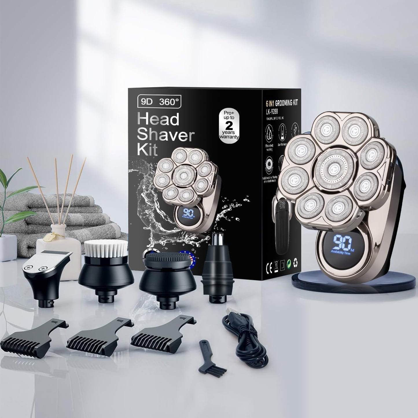 9D Electric Head Shaver for Bald Men, Upgraded 5-in-1 Head Shaver for Bald Men, Waterproof Wet/Dry Grooming Kit Electric Shaver for Men, Cordless Rechargeable Bald Head Razor for Home&Travel