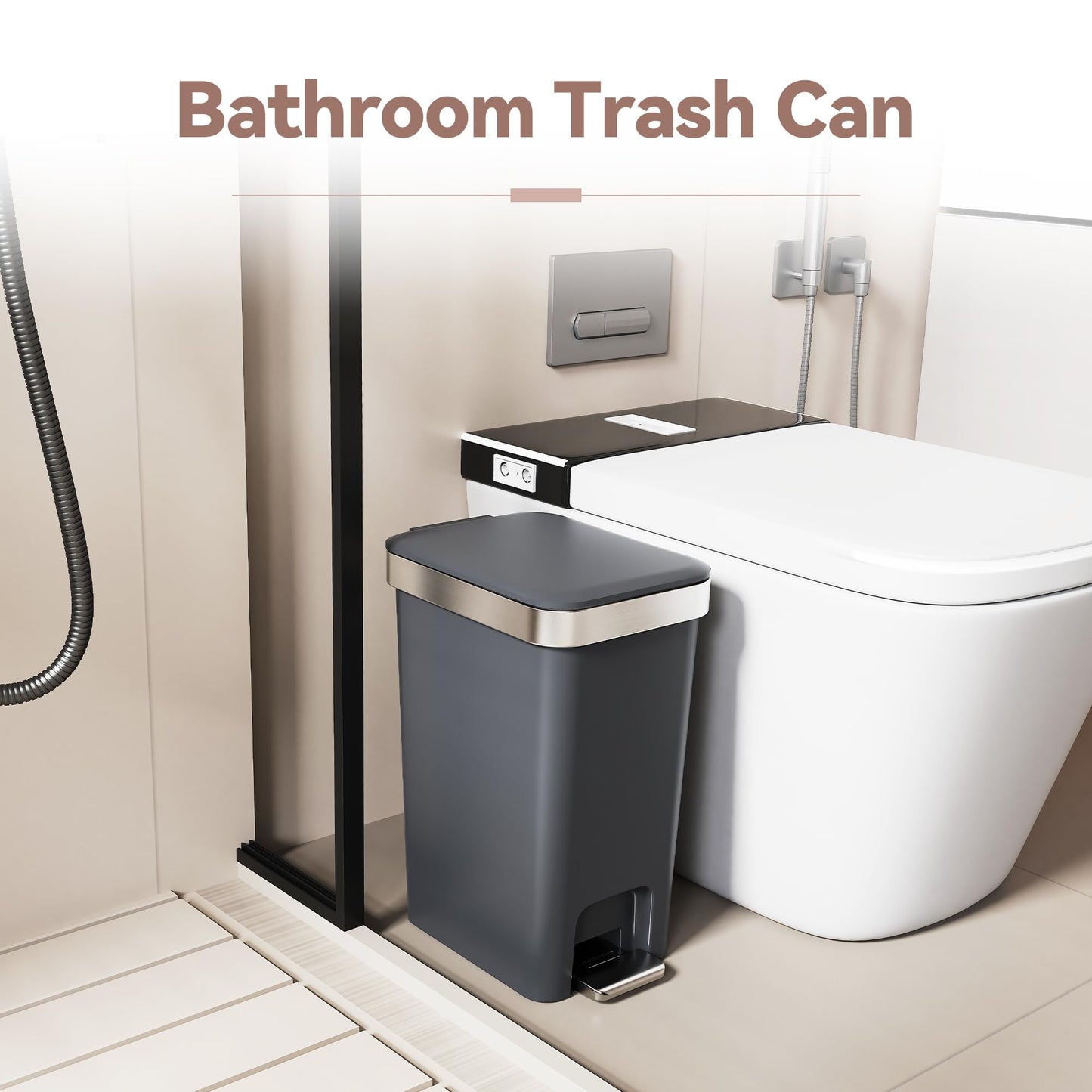 onlcuk 2Pack Small Bathroom Trash Can with Lid Soft Close, 10 Liter/2.6 Gallon Slim Garbage Can-Metal Step and Press top Lid, Mini Modern Waste Basket for Toilet, Office, Bedroom,Dorm,Dark Gray