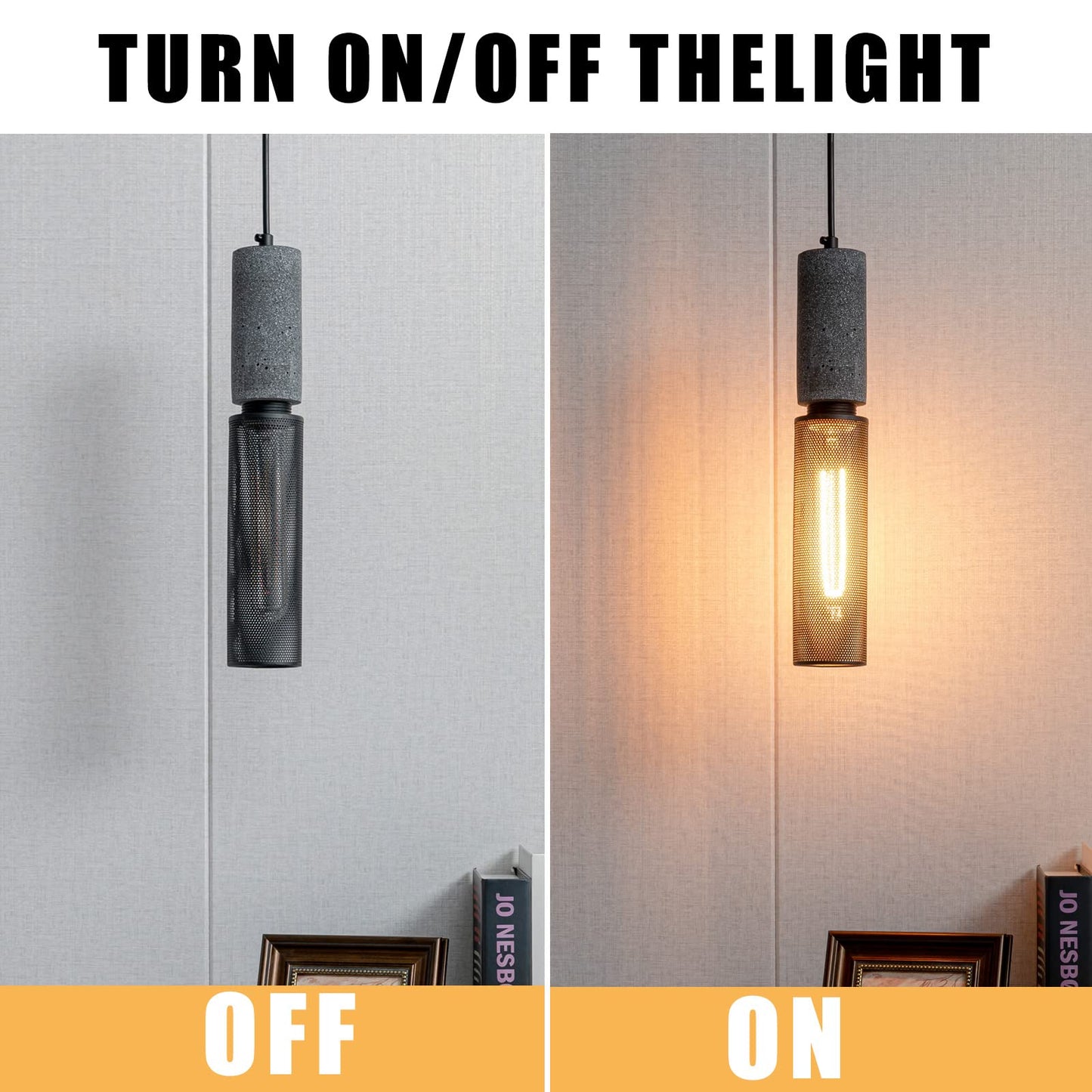 ADCTHOME Concrete Linear Pendant Light with a Metal Mesh Shade,Modern Industrial Hanging Cement Pendant Lighting Fixture for Kitchen Island Dinning Room Bedroom(Black 2-Pack)