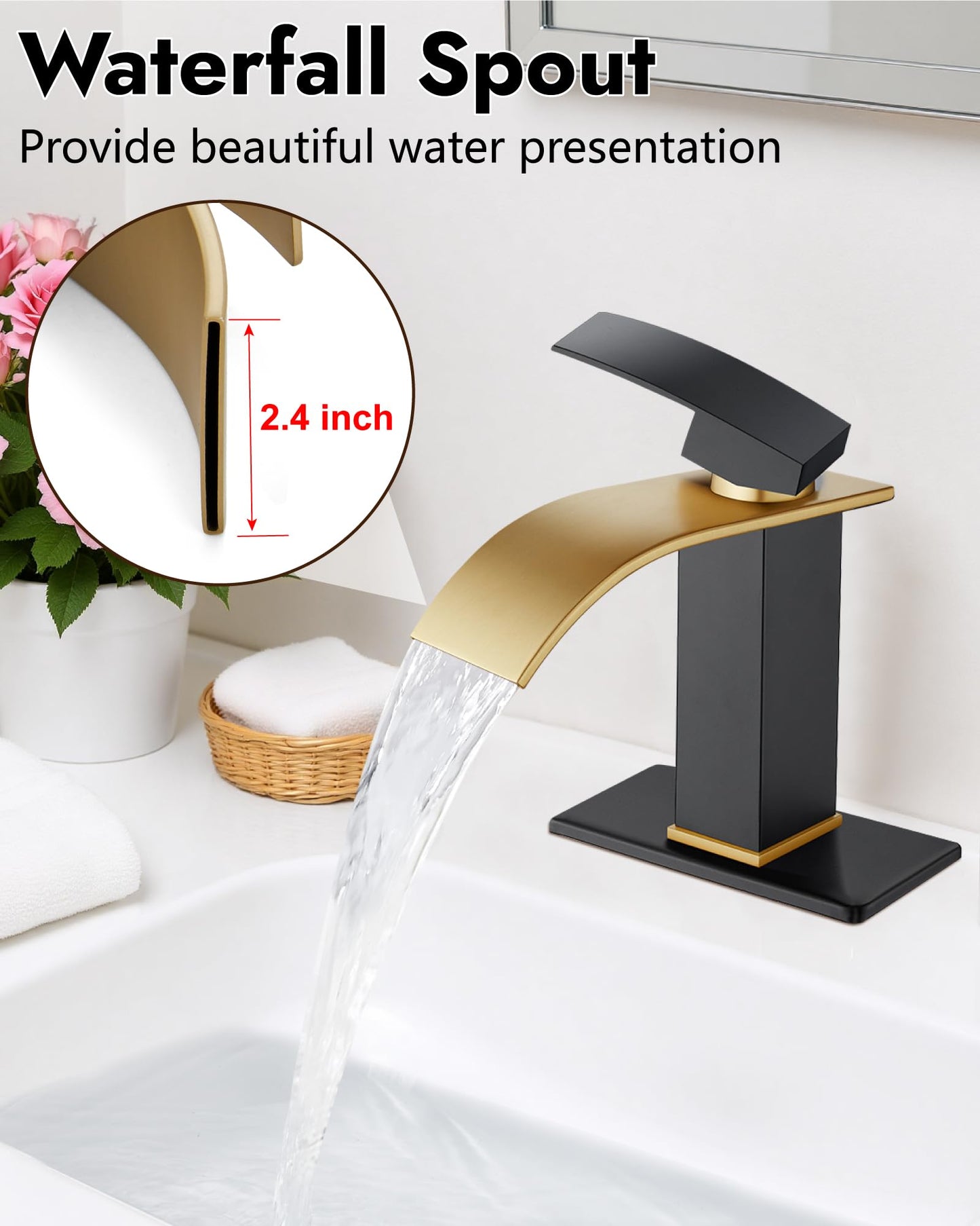 Midanya Bathroom Sink Faucet Single Handle Suitable for 1 or 3 Holes with Deck Plate and Pop-Up Drain,Waterfall Bathroom Faucets for Vanity,Basin,Rv,Lavatory Sink,Brushed Gold Spout/Matte Black