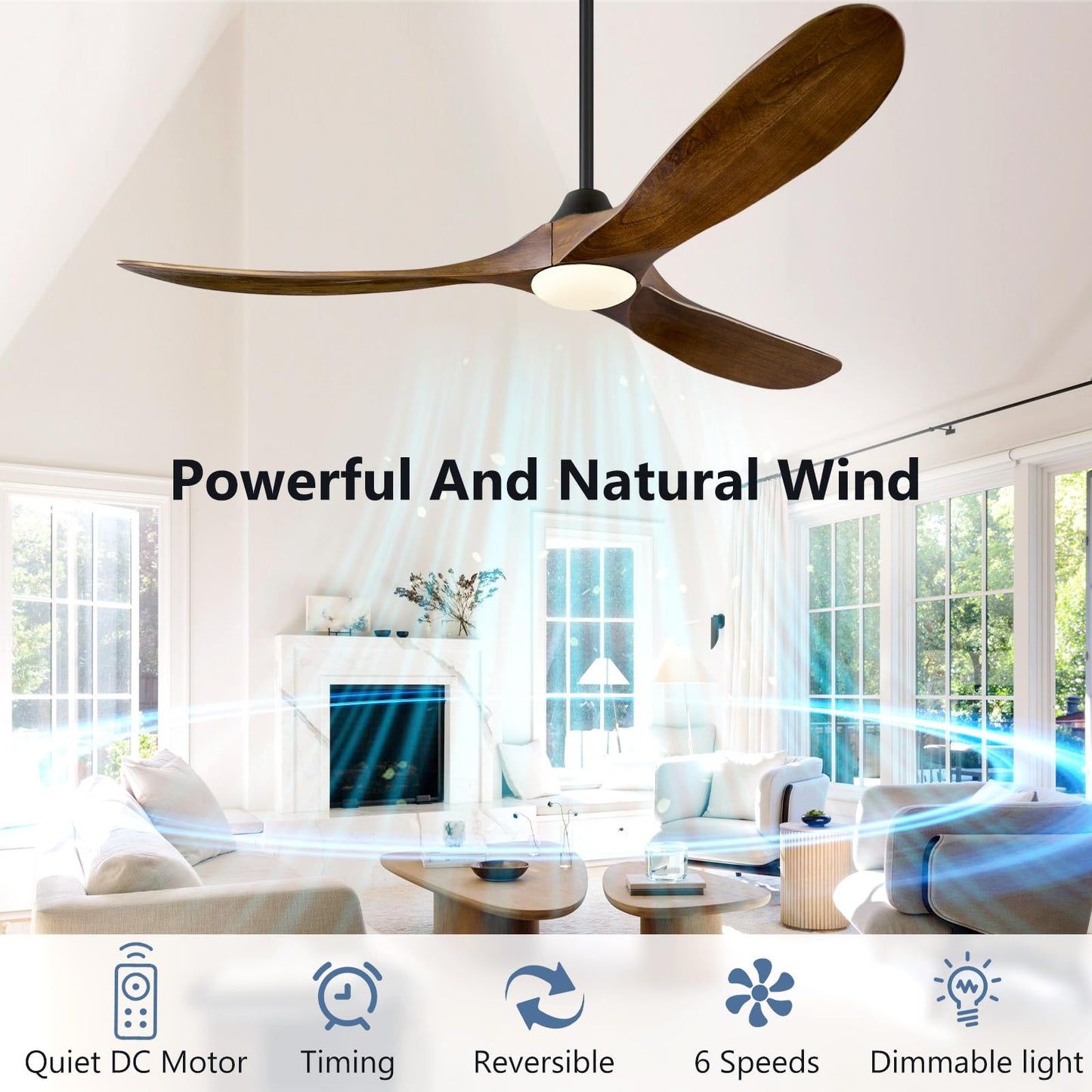 ABZ 60 Inch Ceiling Fans with Lights, Solid Wood Propeller Ceiling Fans with Lights and Remote Control Outdoor Ceiling Fan for Patios Propeller 3 Blades for Indoor Living Room, Walnut Wood