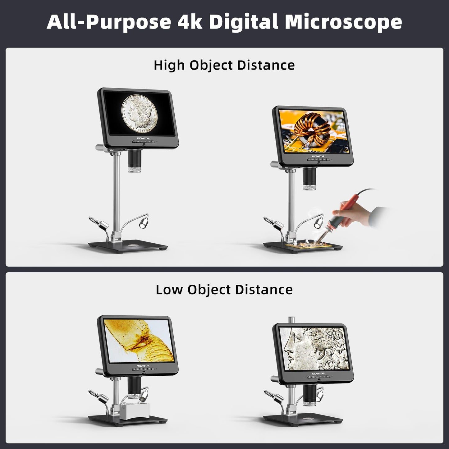 Andonstar 4K 30FPS Digital Microscope with 10.1" Screen, 3840P UHD Video Audio, Pro Boom Arm Stand for Soldering, Electronics Repair, Coin, AD208S-Pro HDMI Electronic Microscope for Adults, 64GB