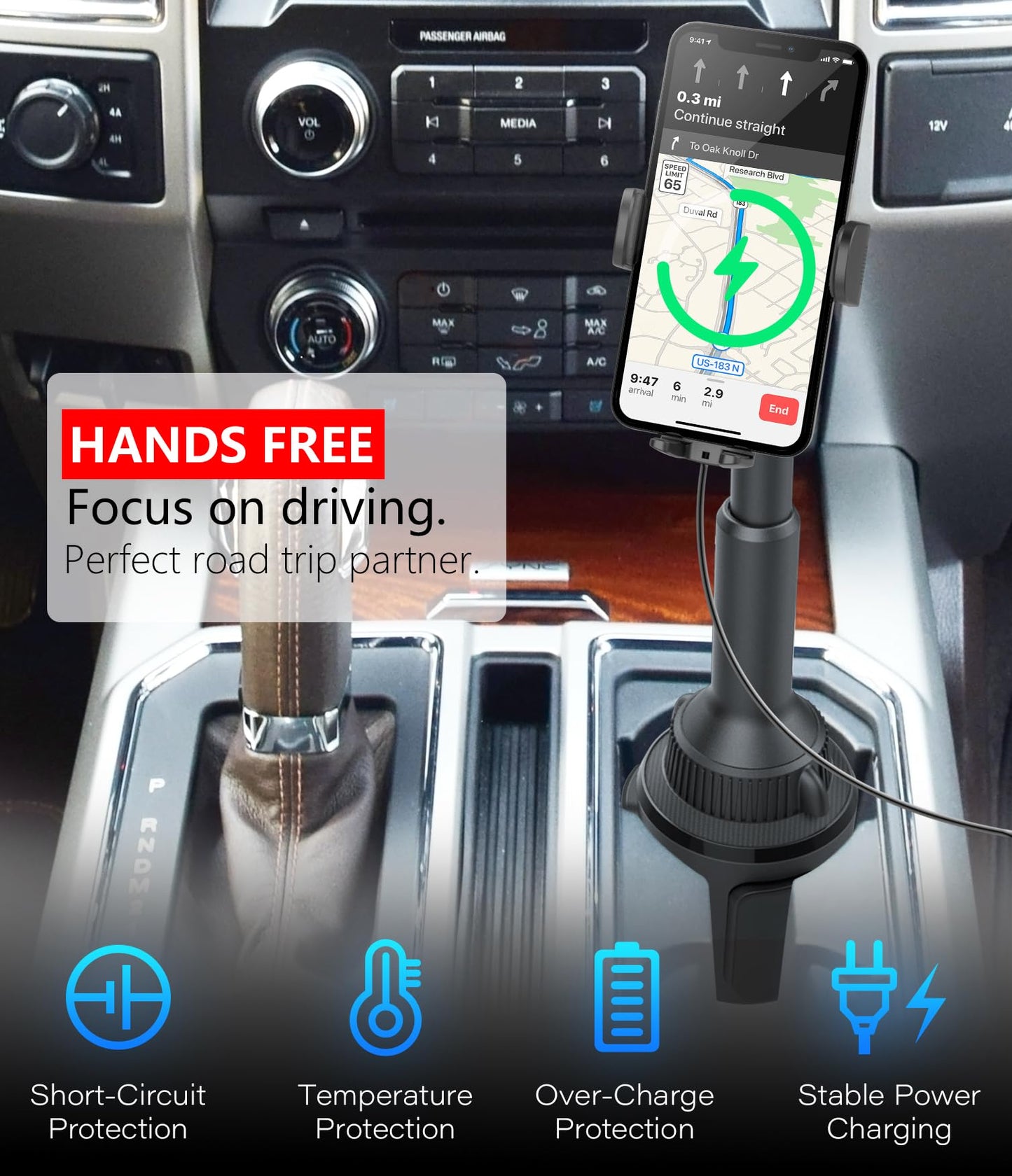 APPS2Car Solid Cup Holder Phone Mount for Car Wireless Charger 15W with Quick Extension Long Arm Fast Swivel Adjustable Height 360 Rotatable Low Profile for iPhone 15 Pro Max Plus 14 13 12 11 XS X