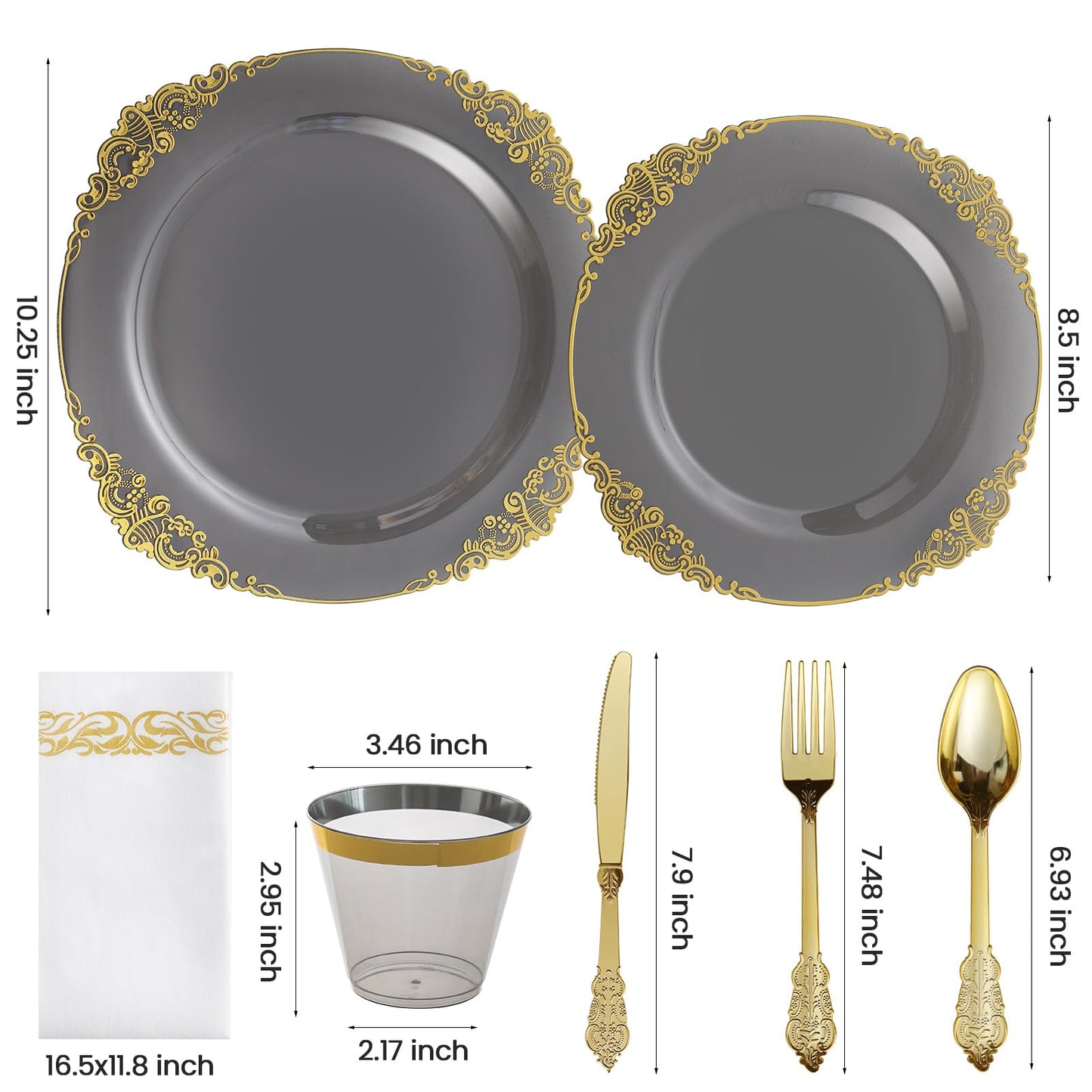 175 PCS Clear Black and Gold Plastic Dinnerware Set for 25 Guests, Disposable Fancy Dinner Plates with Gold Rim for Wedding Party, 25 Dinner and Dessert Plates, 75 Silverware, 25 Cups, 25 Napkins