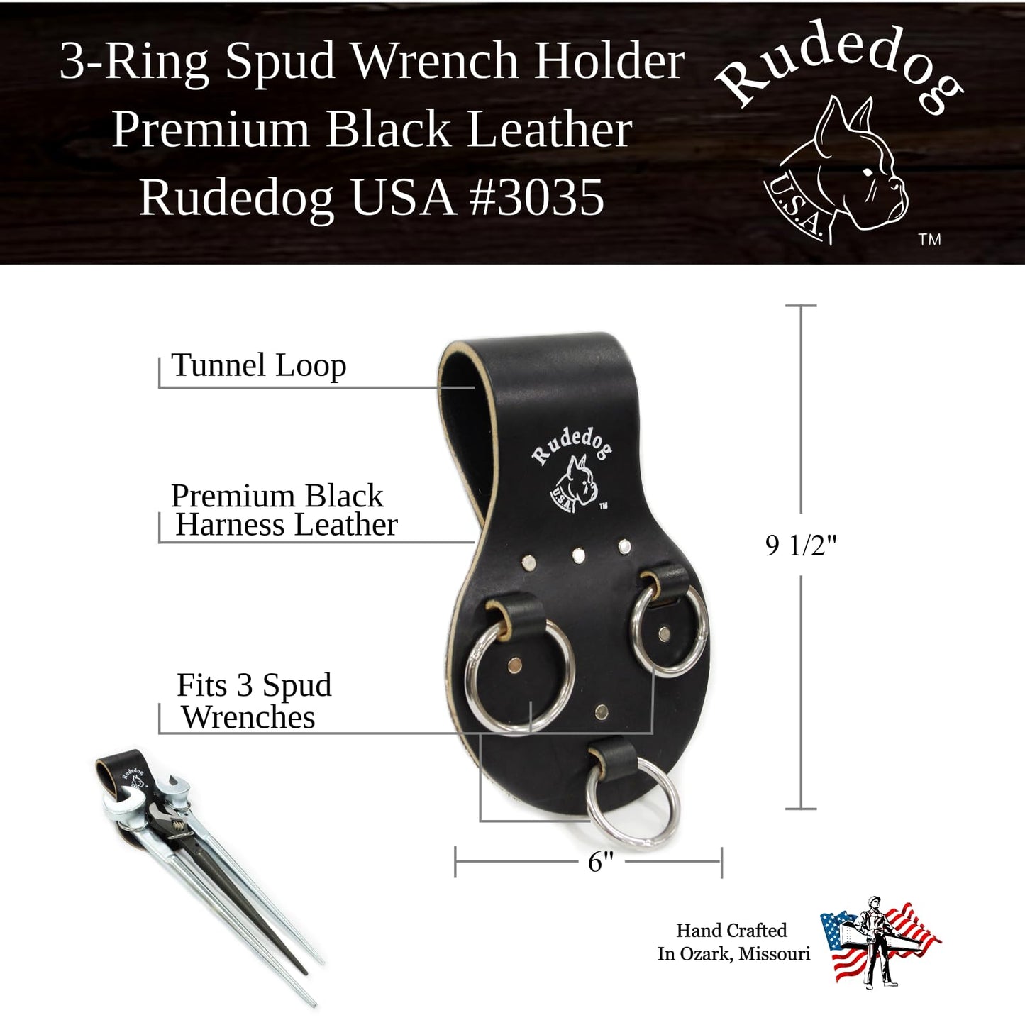 3-Ring Spud Wrench Holder - Premium Black Leather - Rudedog USA #3035