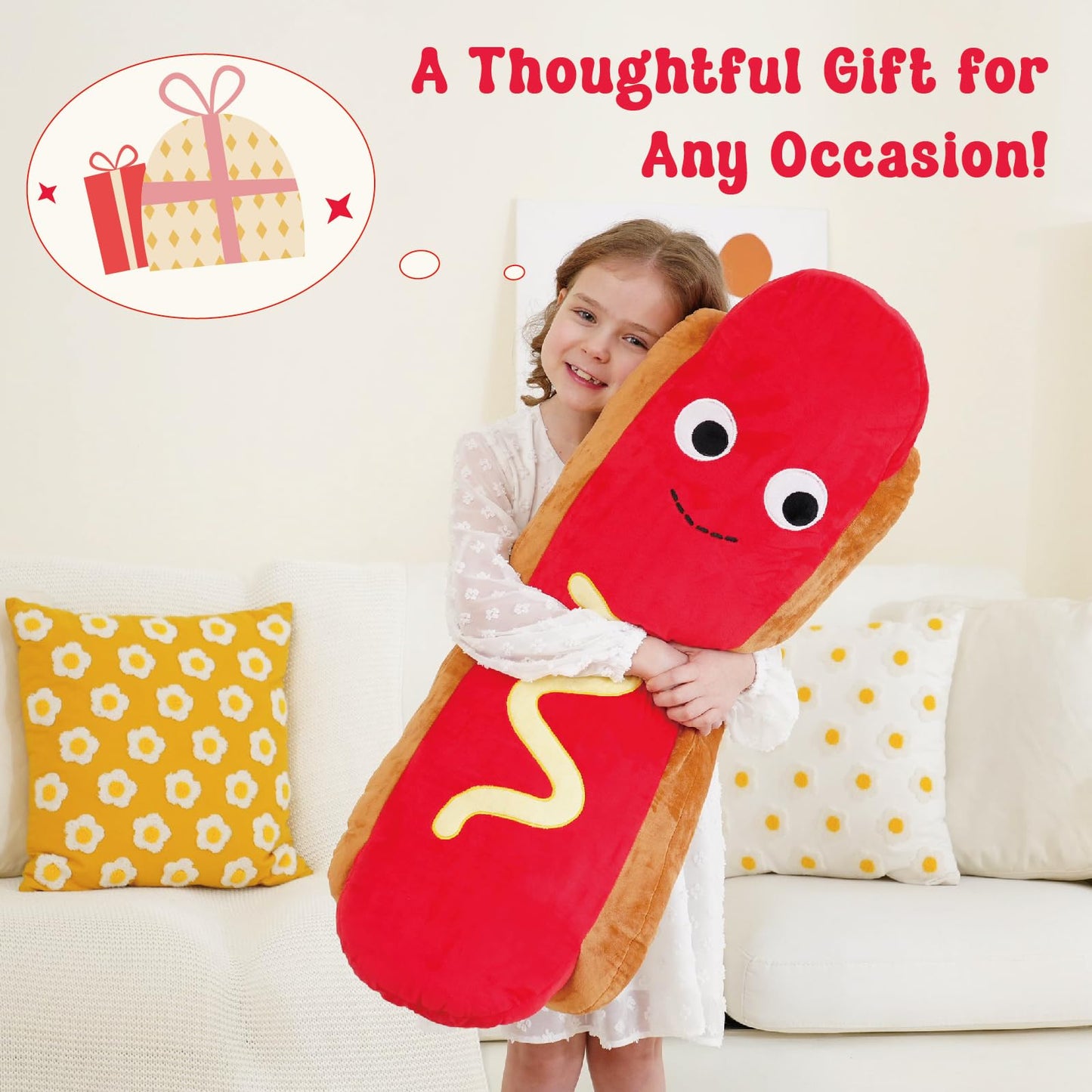 Zctghvy Giant Hot Dog Plush Pillow – 35 Inch Funny Food Plush Toy, Soft Stuffed Hot Dog Pillow, Oversized Hugging Cushion, Jumbo Plushie for Kids, Birthday