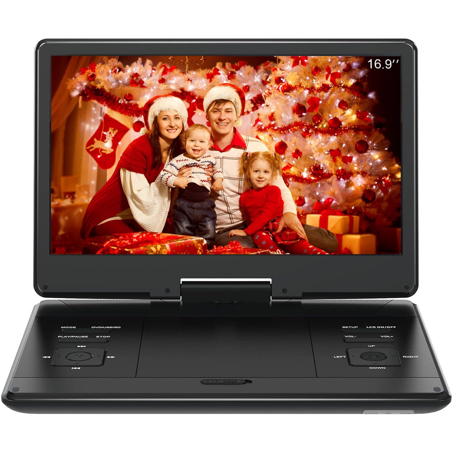 16.9" Portable DVD Player with 14.1" Large HD Screen,High Volume Speaker,4-6 Hours Built-in Rechargeable Battery,Support USB/SD Card/Sync TV and Multiple Disc Formats,Region Free,Remote Control,Black