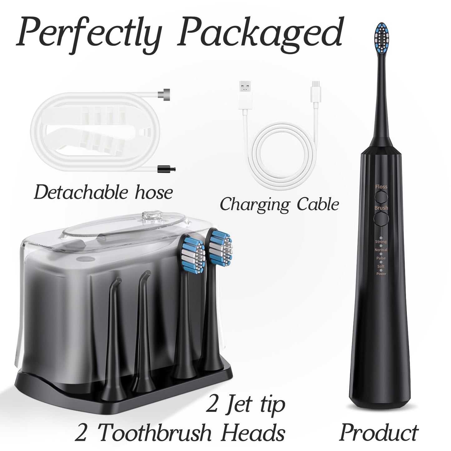 2-1 Professional Electric Toothbrush with Water Flosser, 3800VPM Ultrasonic Water Dental Flosser Toothbrush Combo- 4 Modes & 4 Intensity Levels, Brushing & Flossing for Home and Travel, Black